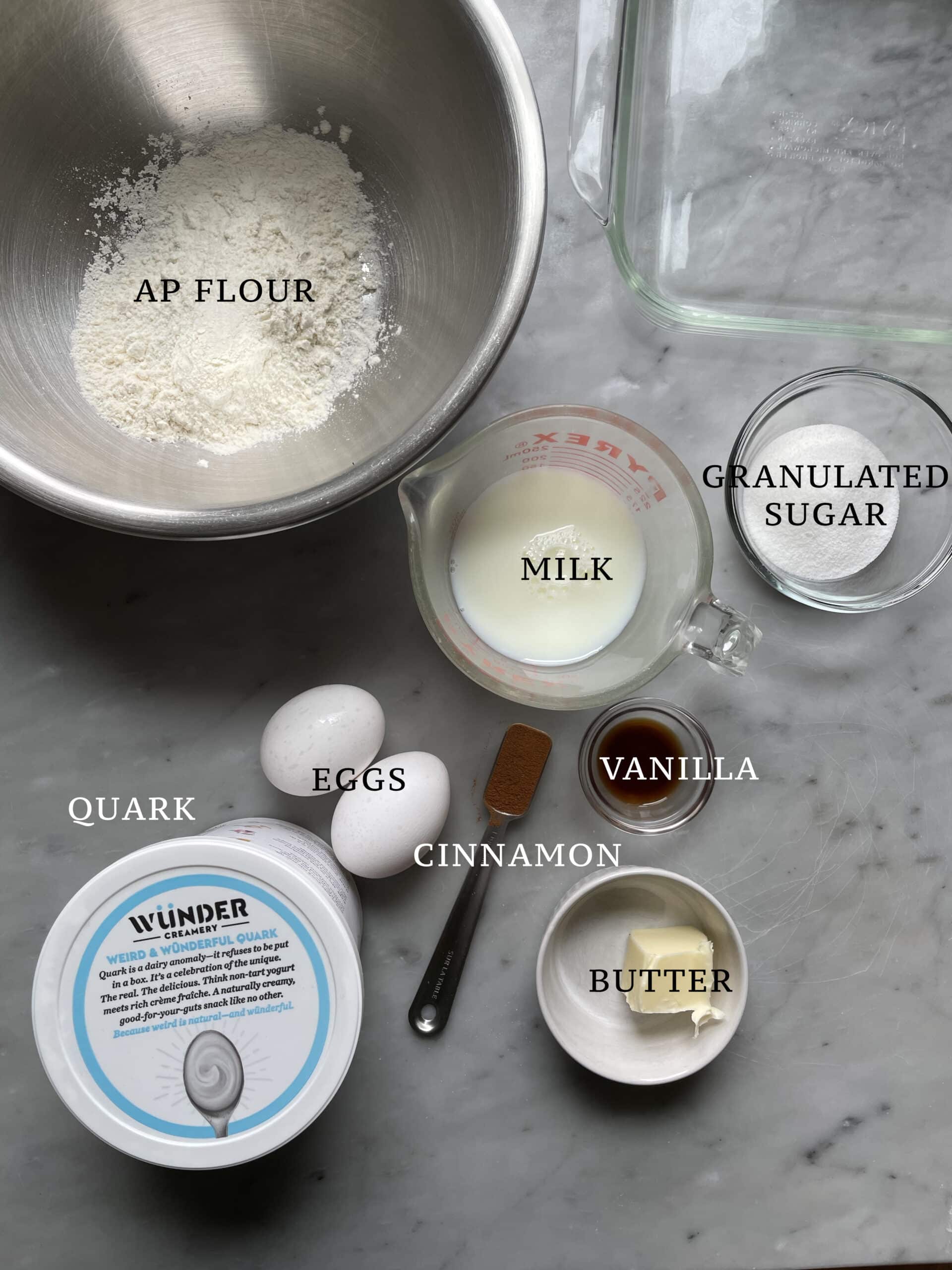 Image of the ingredients needed to make quark rohrnudeln.