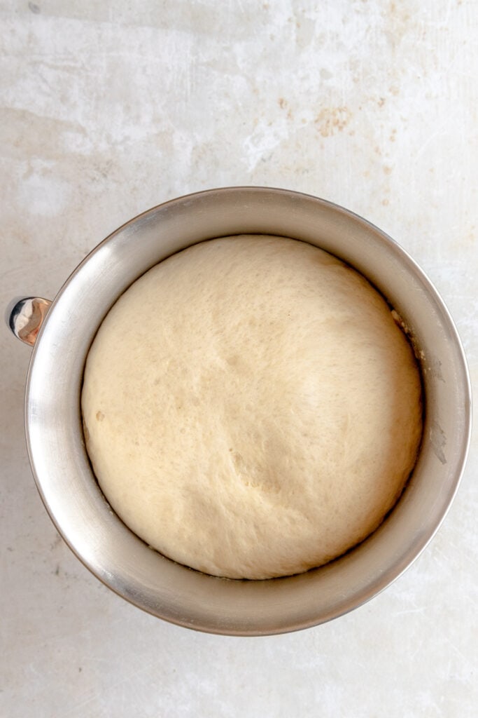 Fully risen yeasted dough in a mixing bowl.