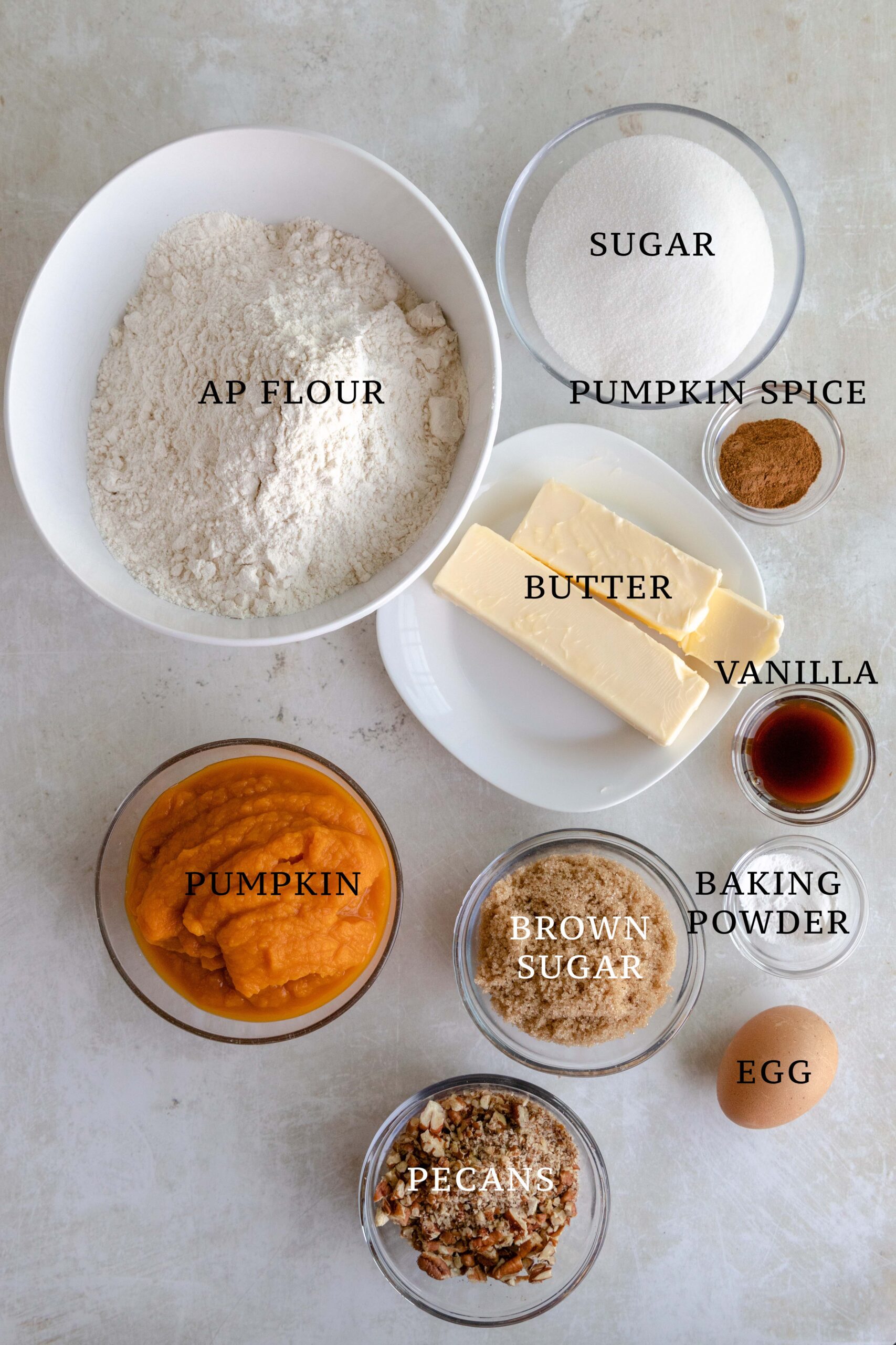 Ingredients needed for Pumpkin Crumb Cake.
