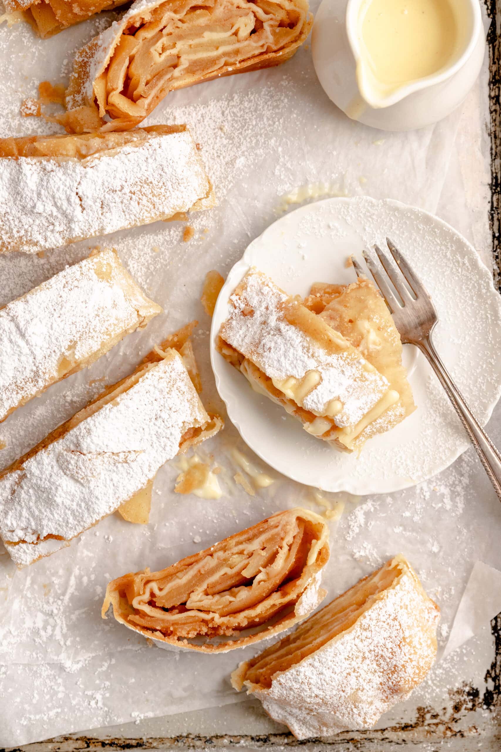 Overhead view of multiple slices of this easy apple strudel recipe.