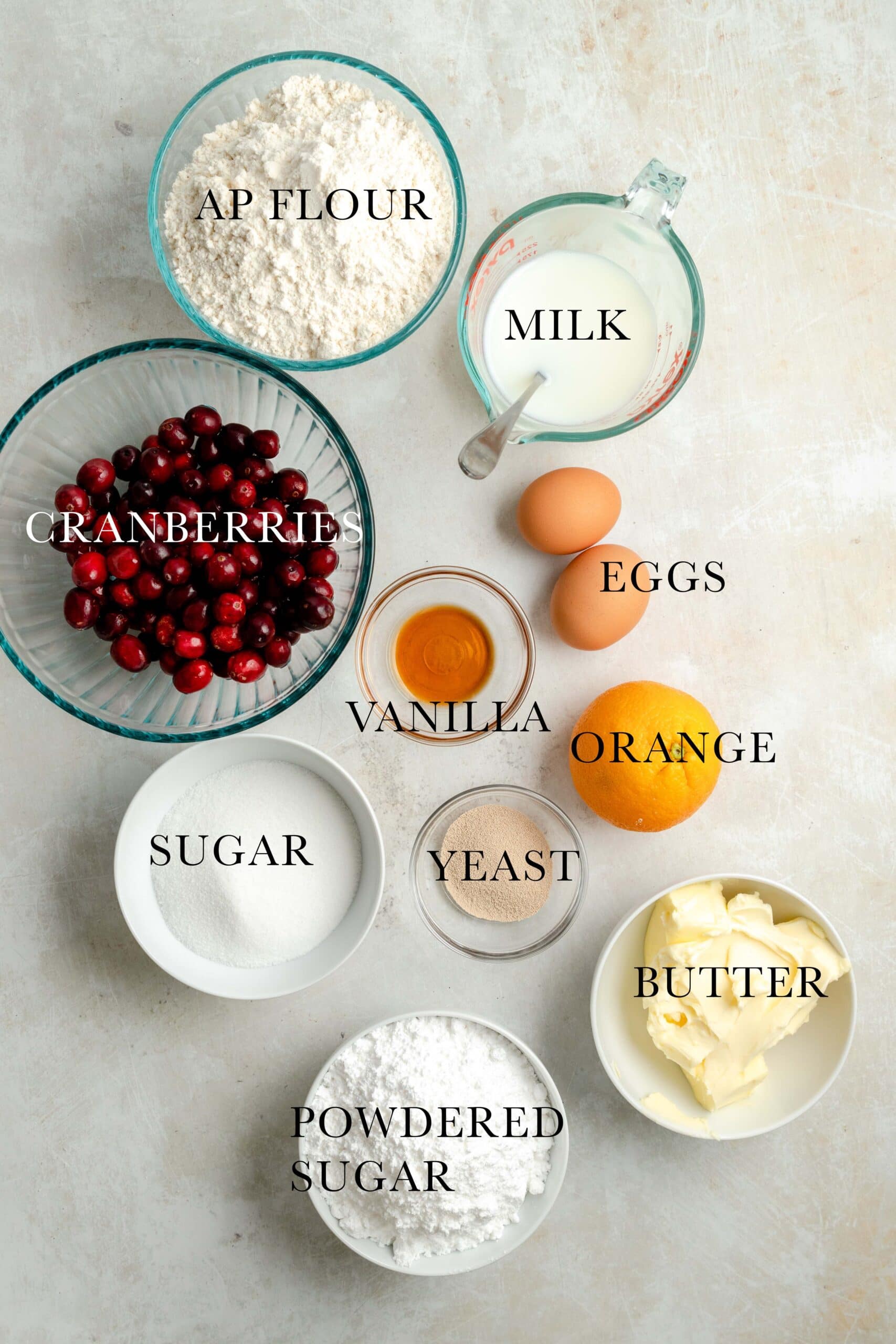 Ingredients needed for cranberry orange guglehupf.