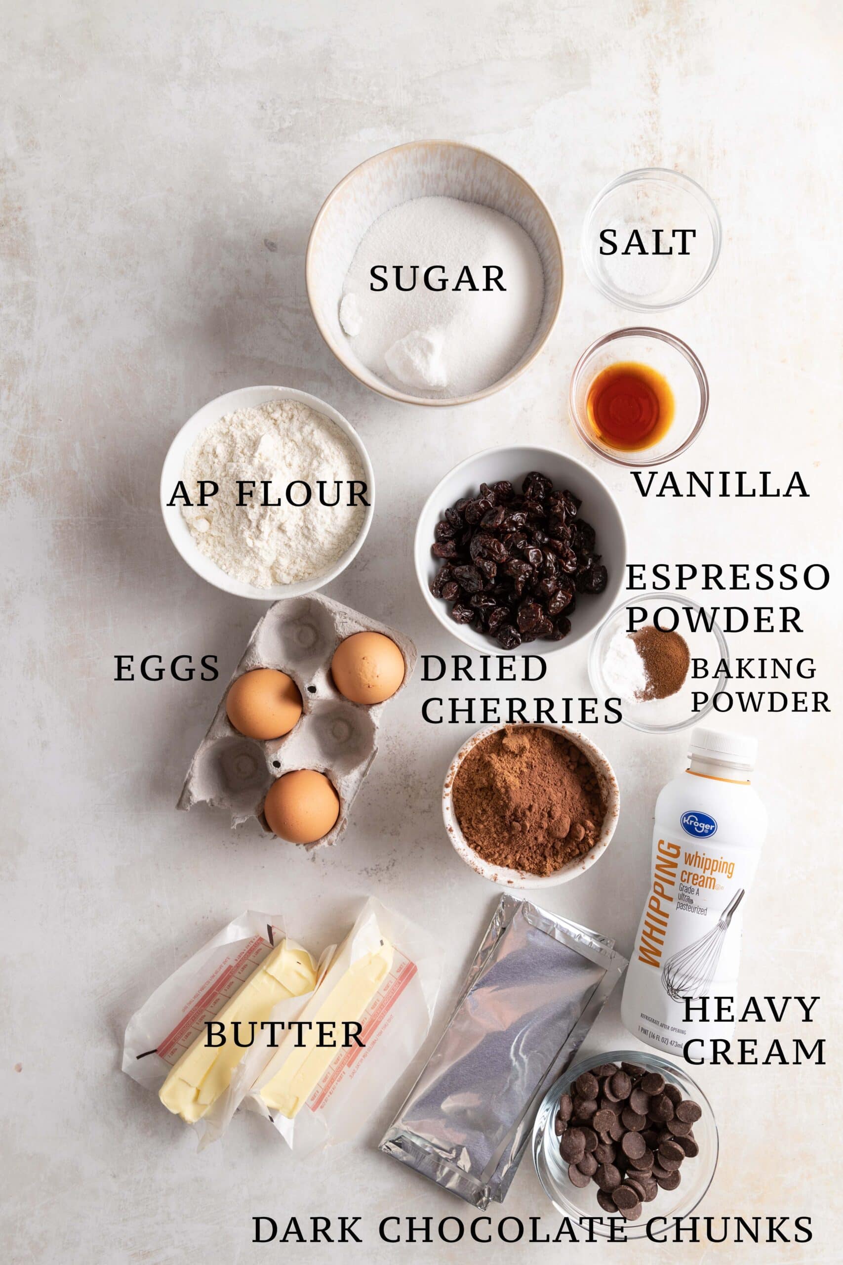 Ingredients needed for black forest brownies.