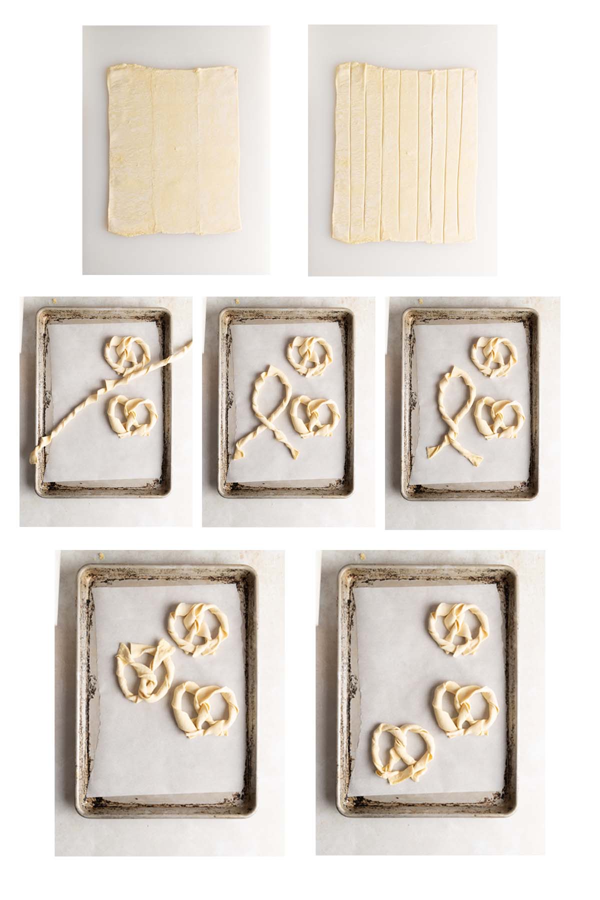7 Process images on how to shape puddingbrezel. 