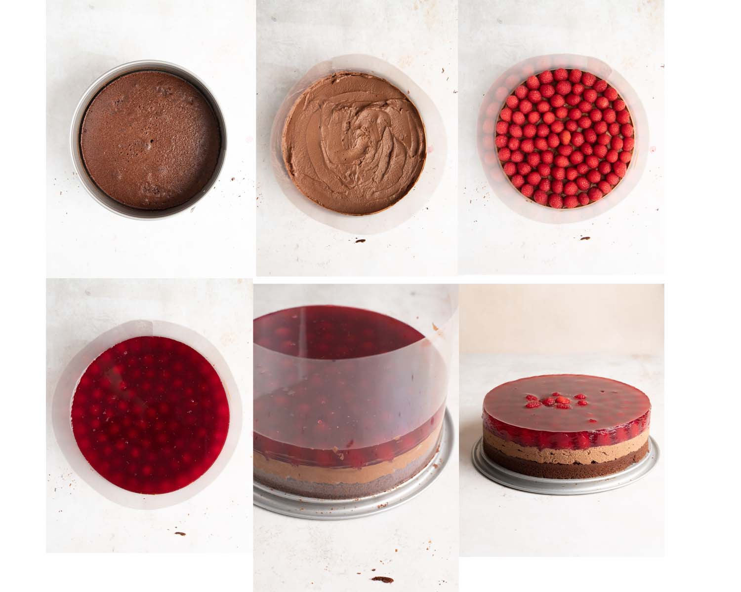 Process images for how to assemble Chocolate Raspberry Cake. 