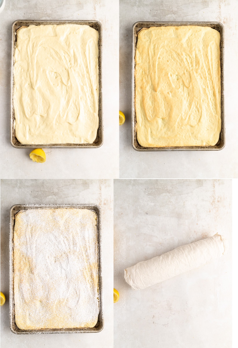 Process images of how to bake and roll the lemon sponge cake.