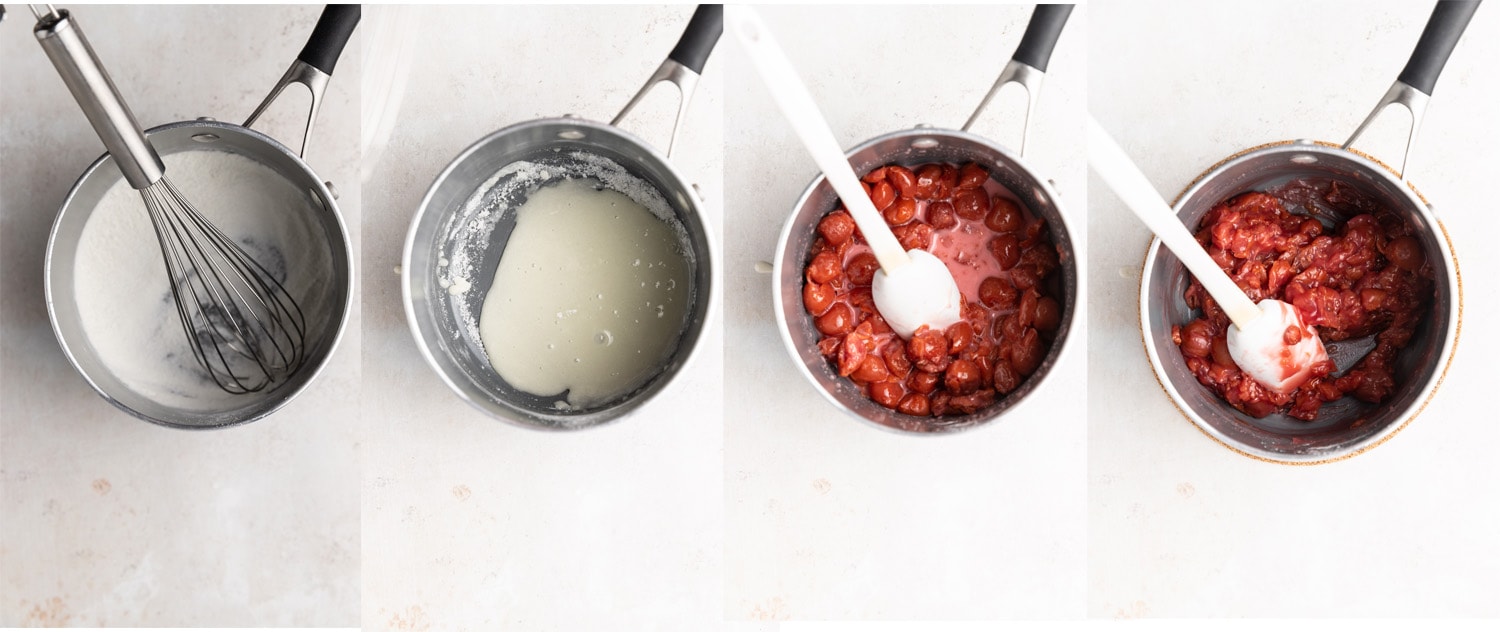 Process images for making a cherry pie or strudel filling in a sauce pot.