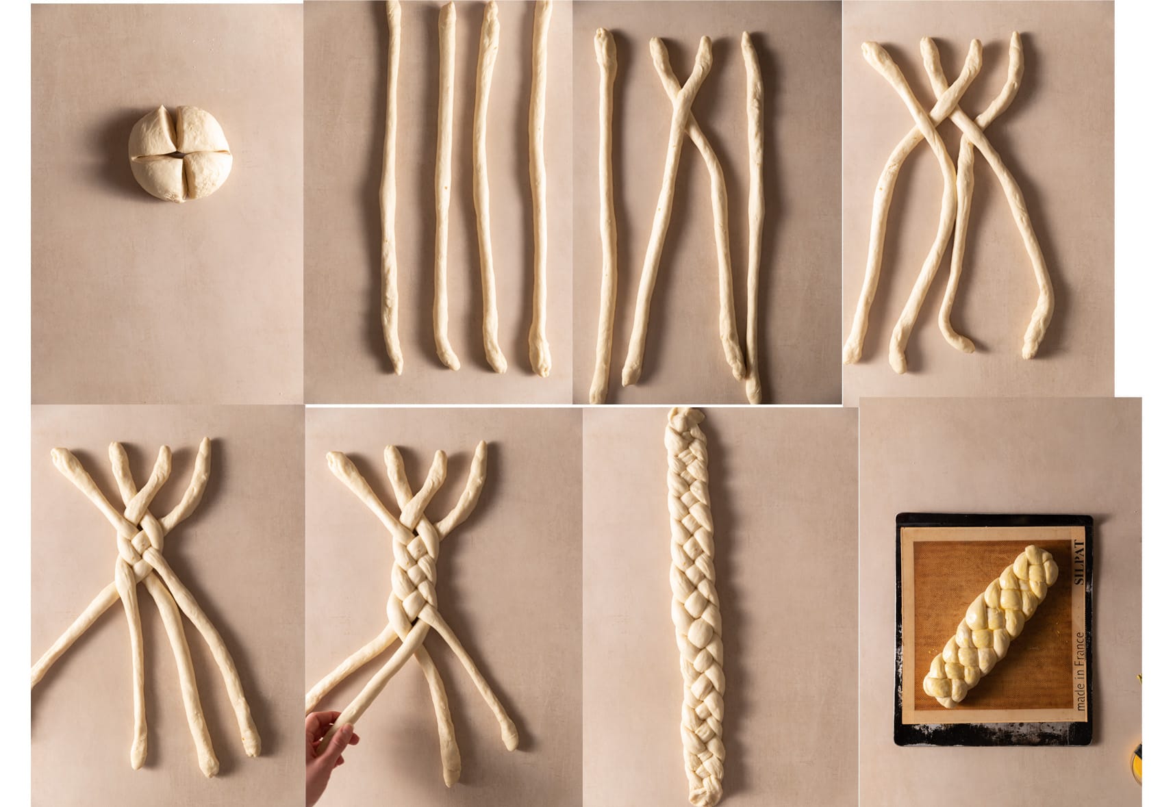 Process images of braiding and shaping the hefezopf.