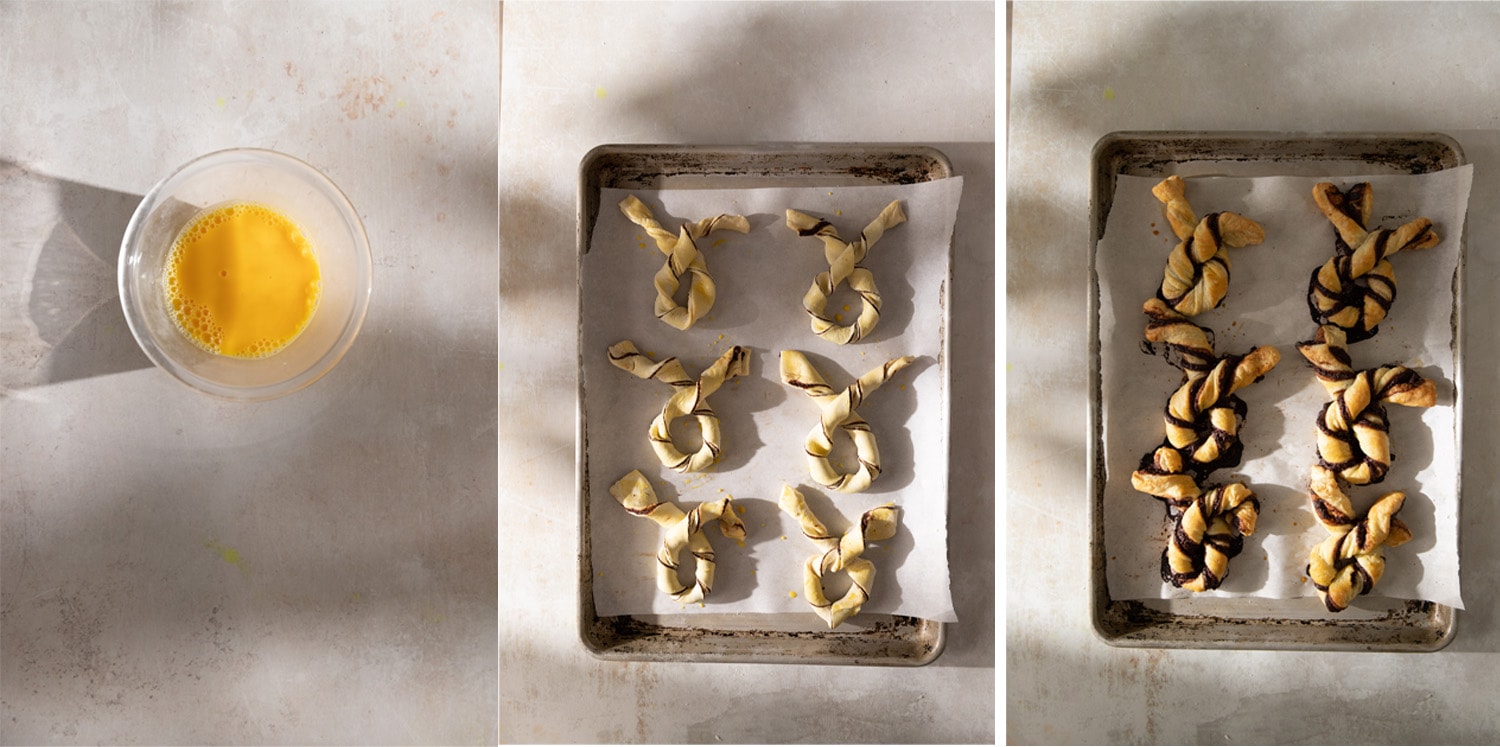 Process images showing how to bake chocolate puff pastry twists.