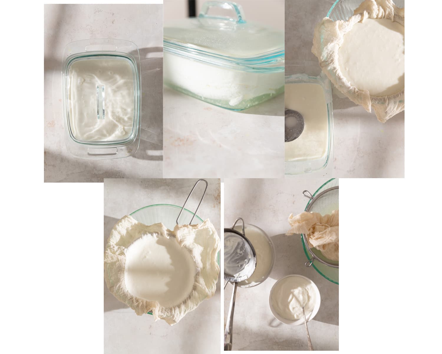 Process images showing how to make quark using the oven method.