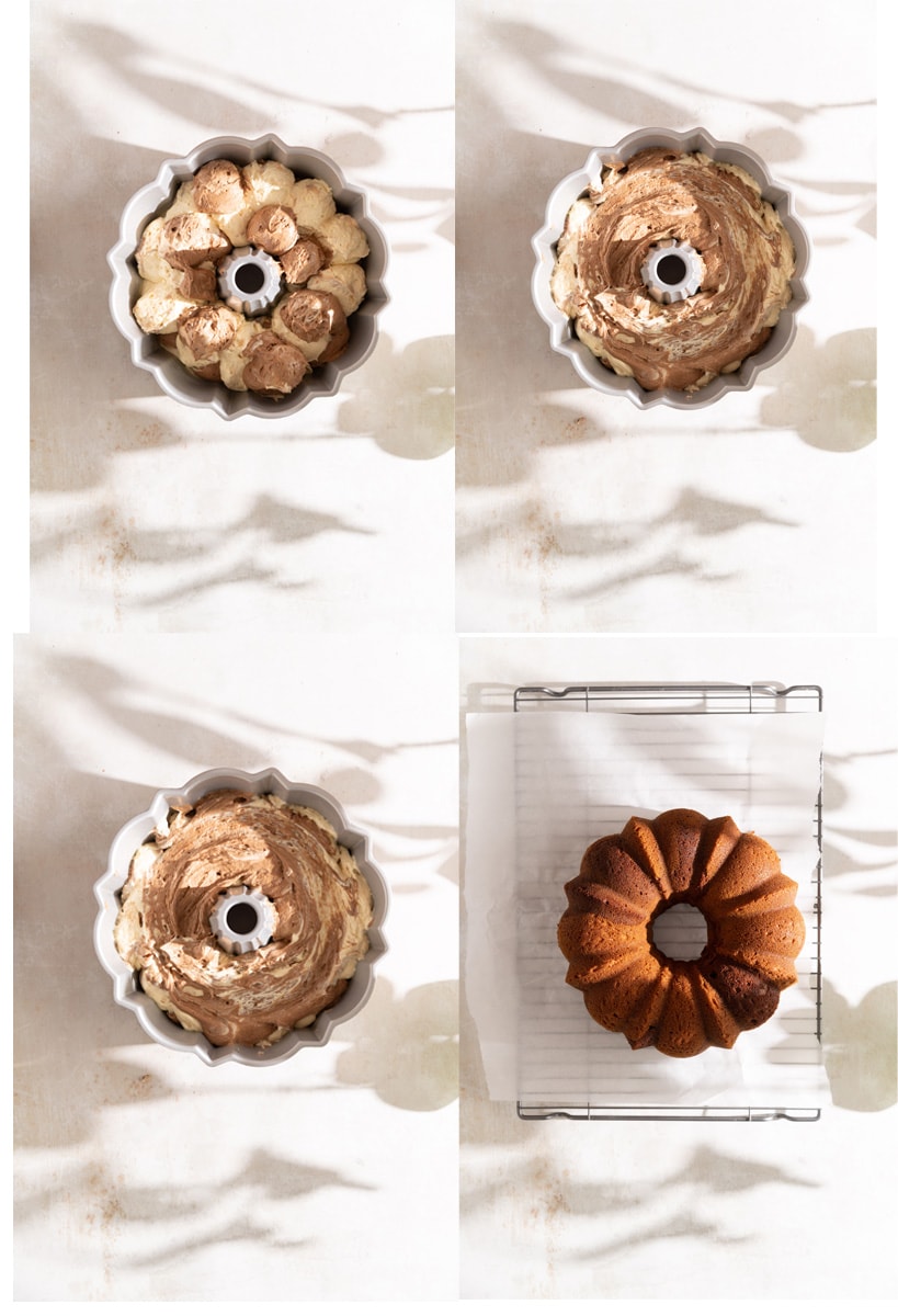 Process images showing how to assemble marble bundt cake.