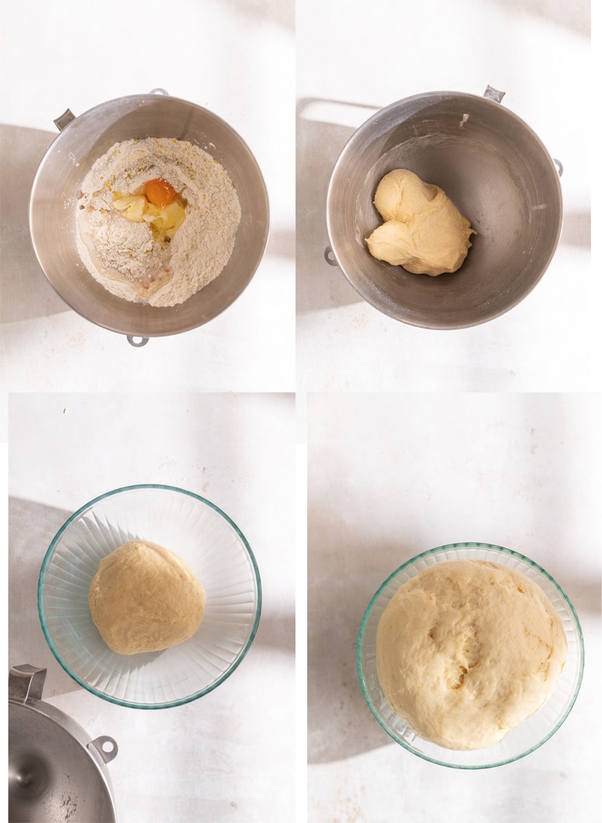 Process images showing how to make the yeasted dough for the rolls.