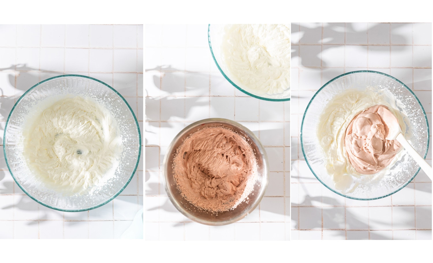 process images showing the final steps of making strawberry bavarian cream.