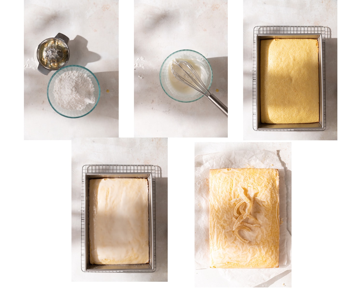 5 process images showing how to make the glaze and bake the zitronenkuchen.