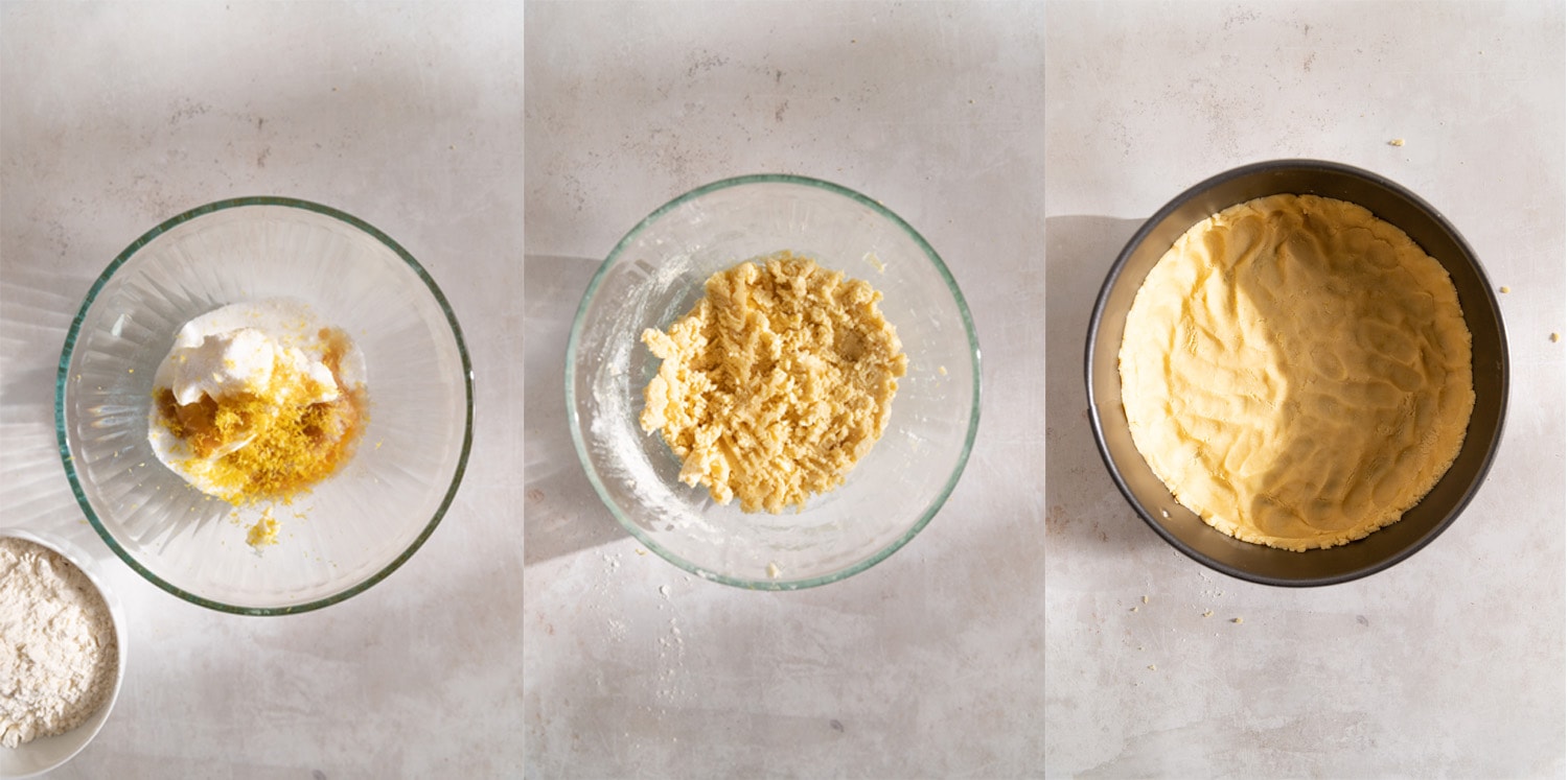 Step by step process showing how to make the apricot cake crust.