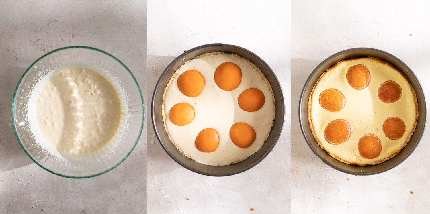 Three process images showing how to make and assemble the apricot cake.