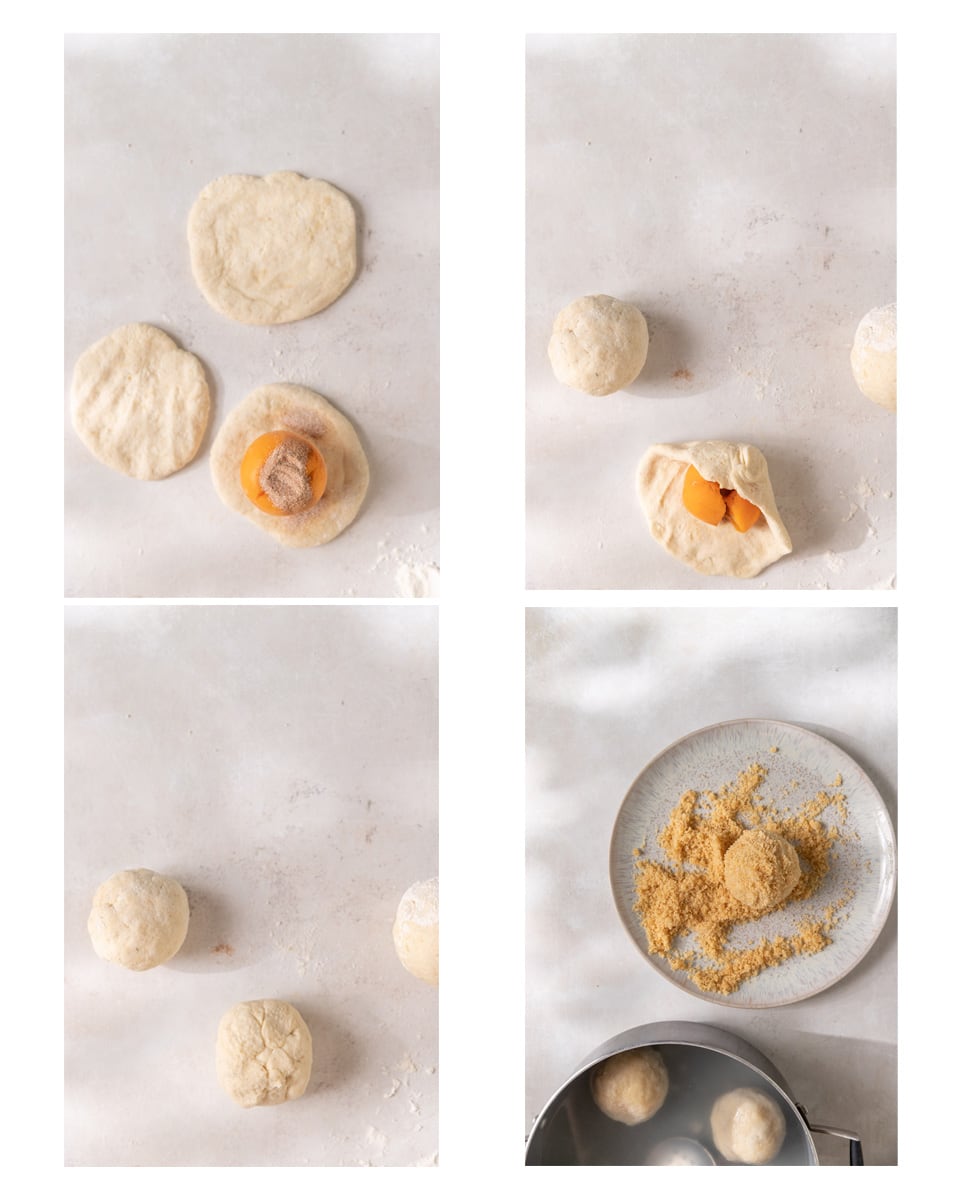 Process images showing how to assemble and cook the marillenknödel.