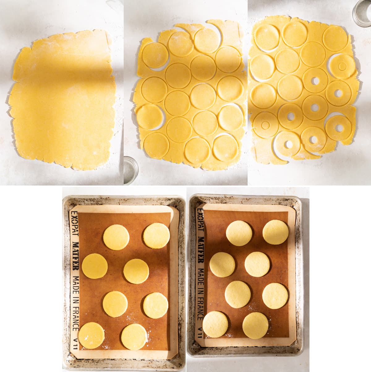 Process photos showing how to roll out, cut out, and bake the cookie dough. 