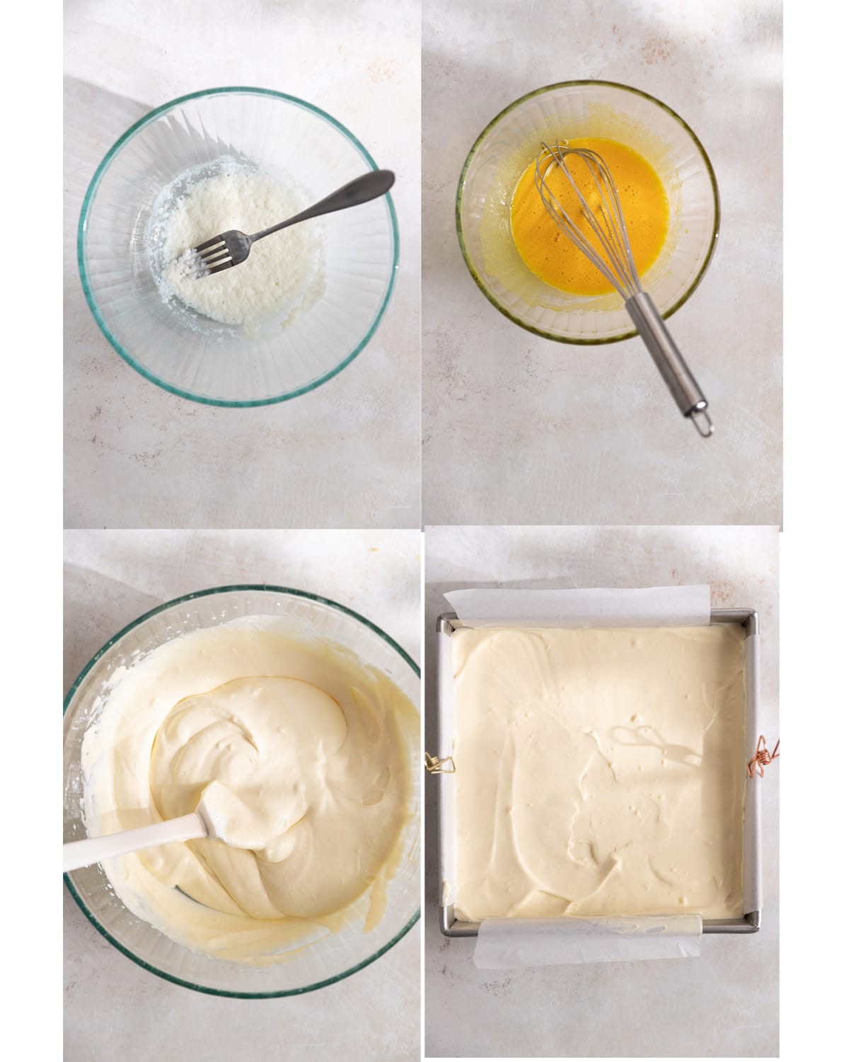 Process images of making the Bavarian cream layer for the erdbeerkuchen. 