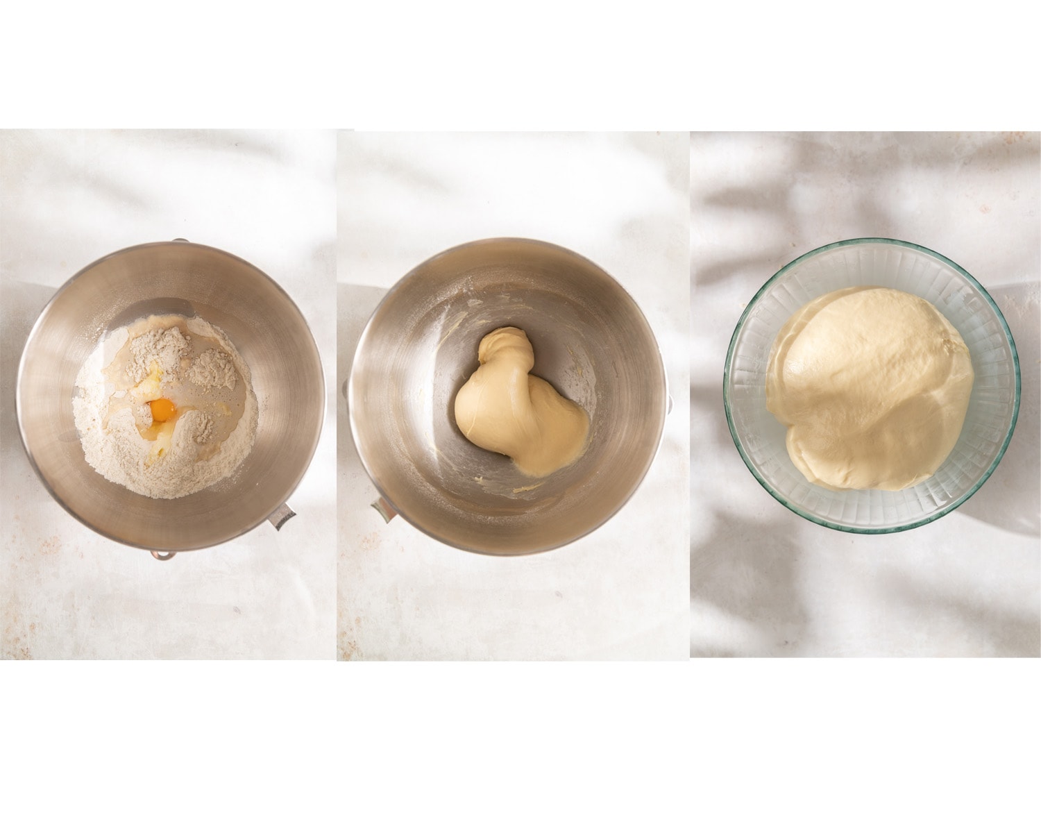 Three process images showing how to make the yeast cake base for this cake. 