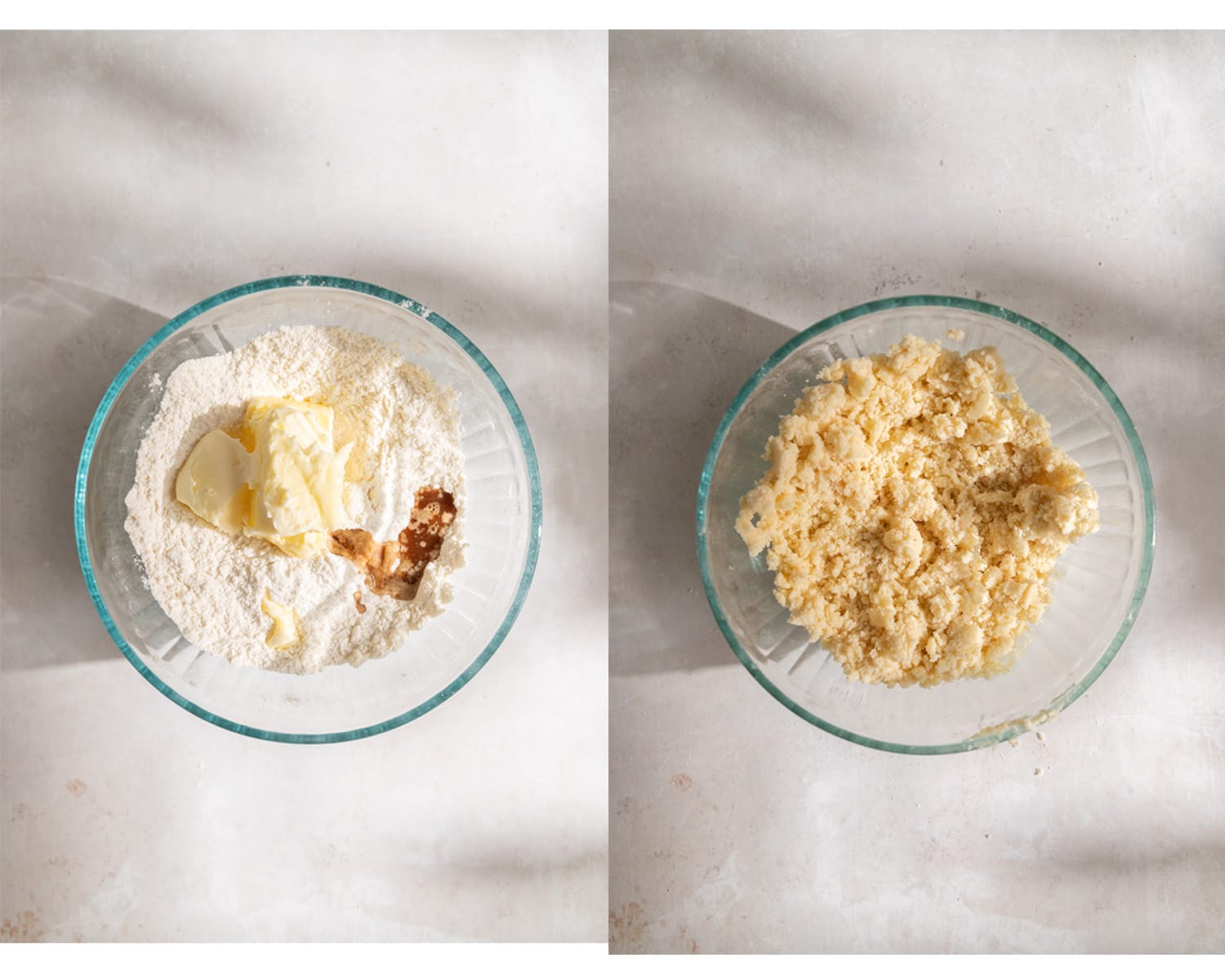 Process images showing how to make the peach streusel topping. 
