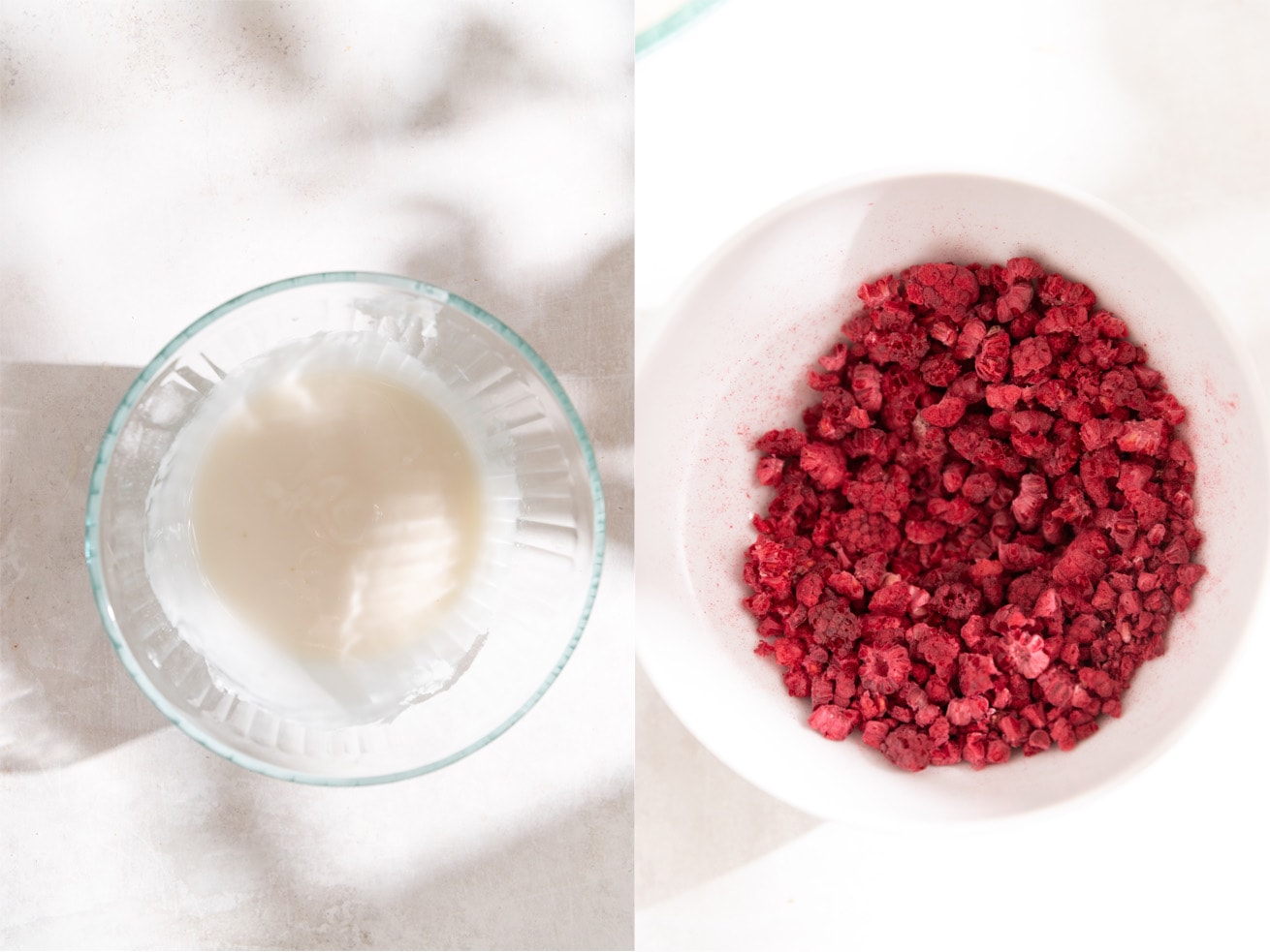 2 process images showing the lemon glaze and crushed freeze dried raspberries.