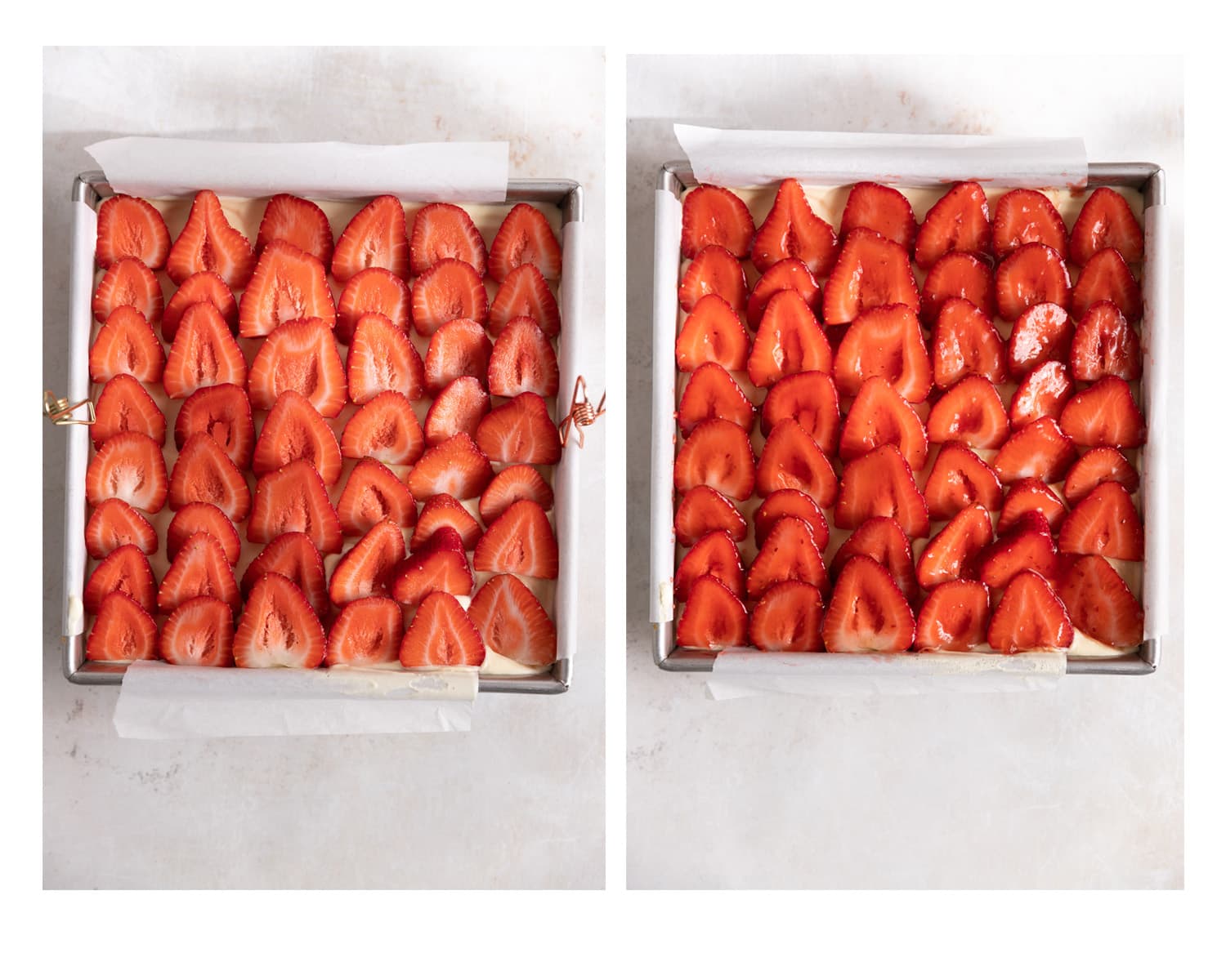 Process images showing how to assemble the strawberry layer of the German Strawberry Cake.