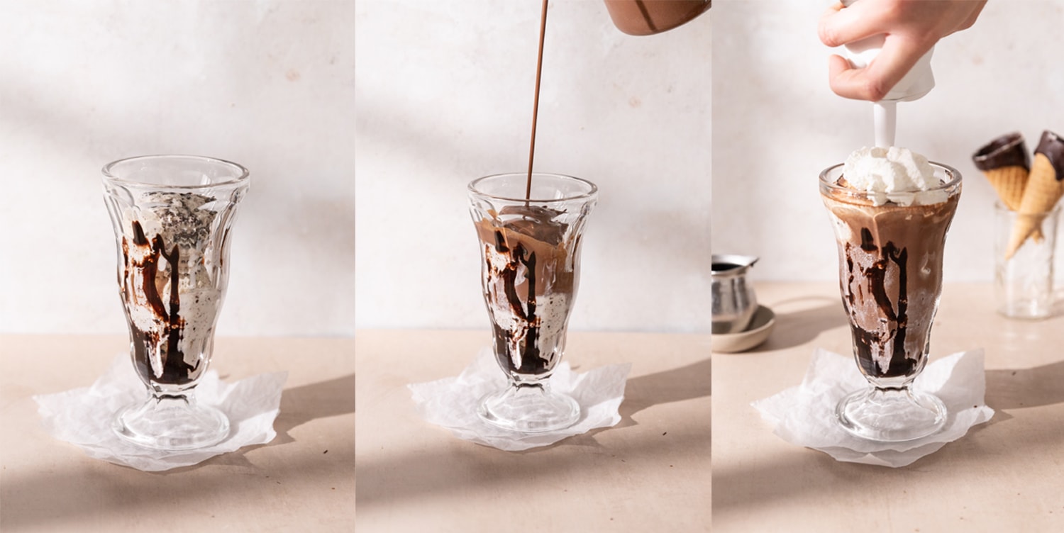 Process showing how to assemble a German Iced Chocolate Float. 