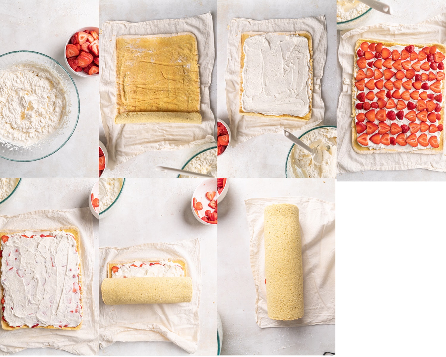 assembling and filling a roulade with strawberries and whipped cream. 