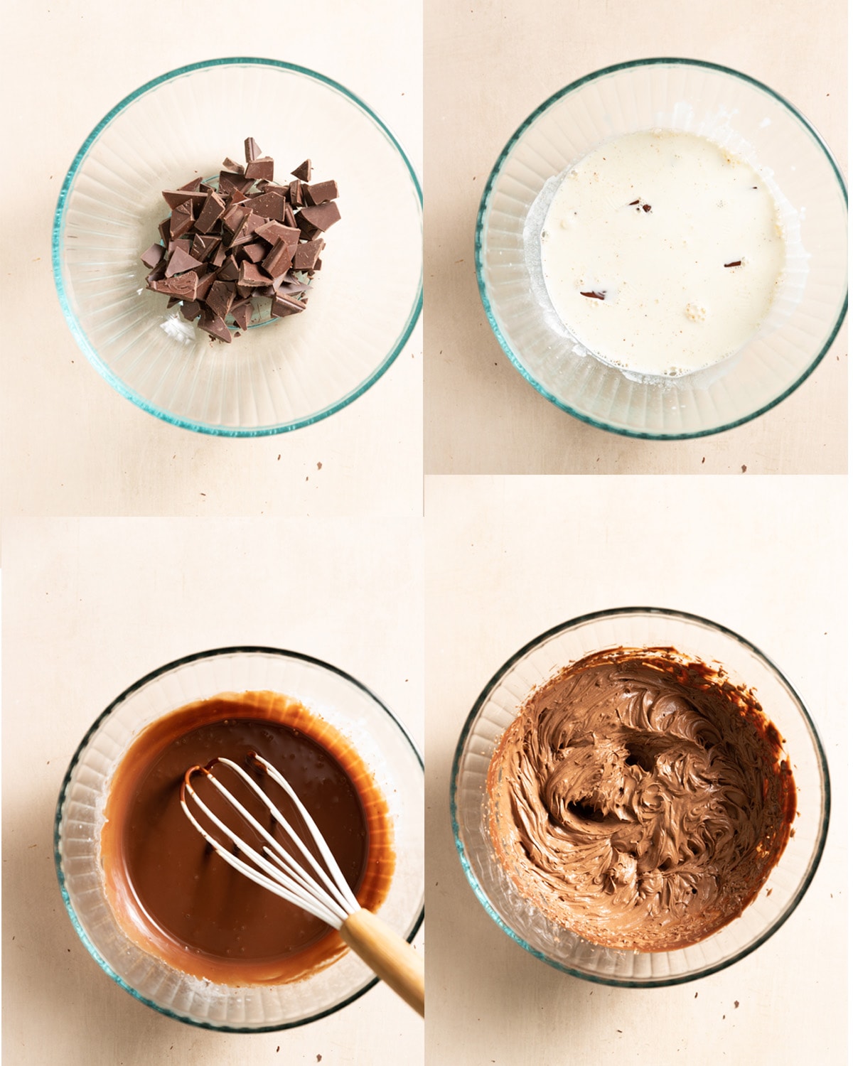Step by step images showing how to make a whipped chocolate ganache. 