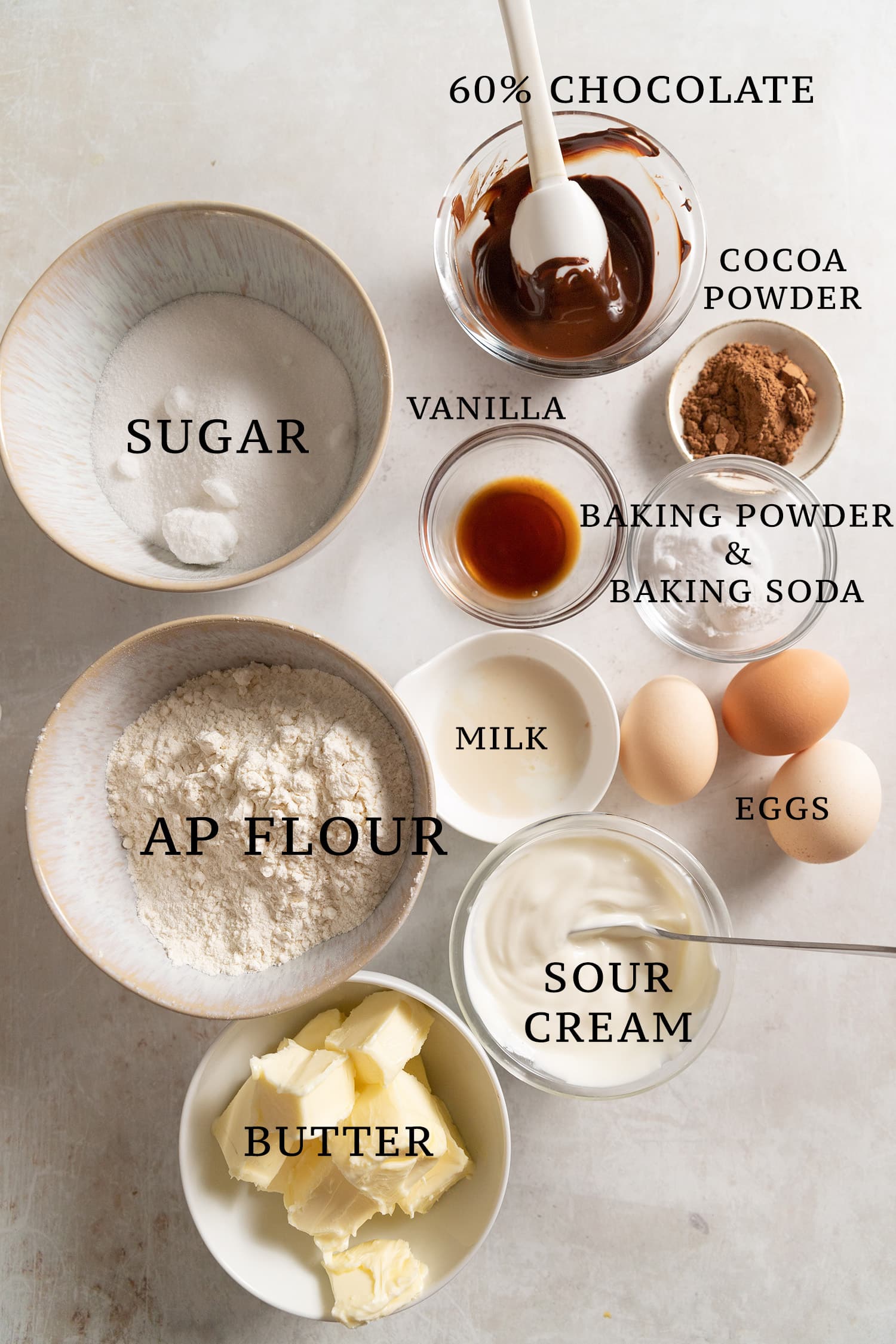 Ingredients needed for marble loaf cake. 