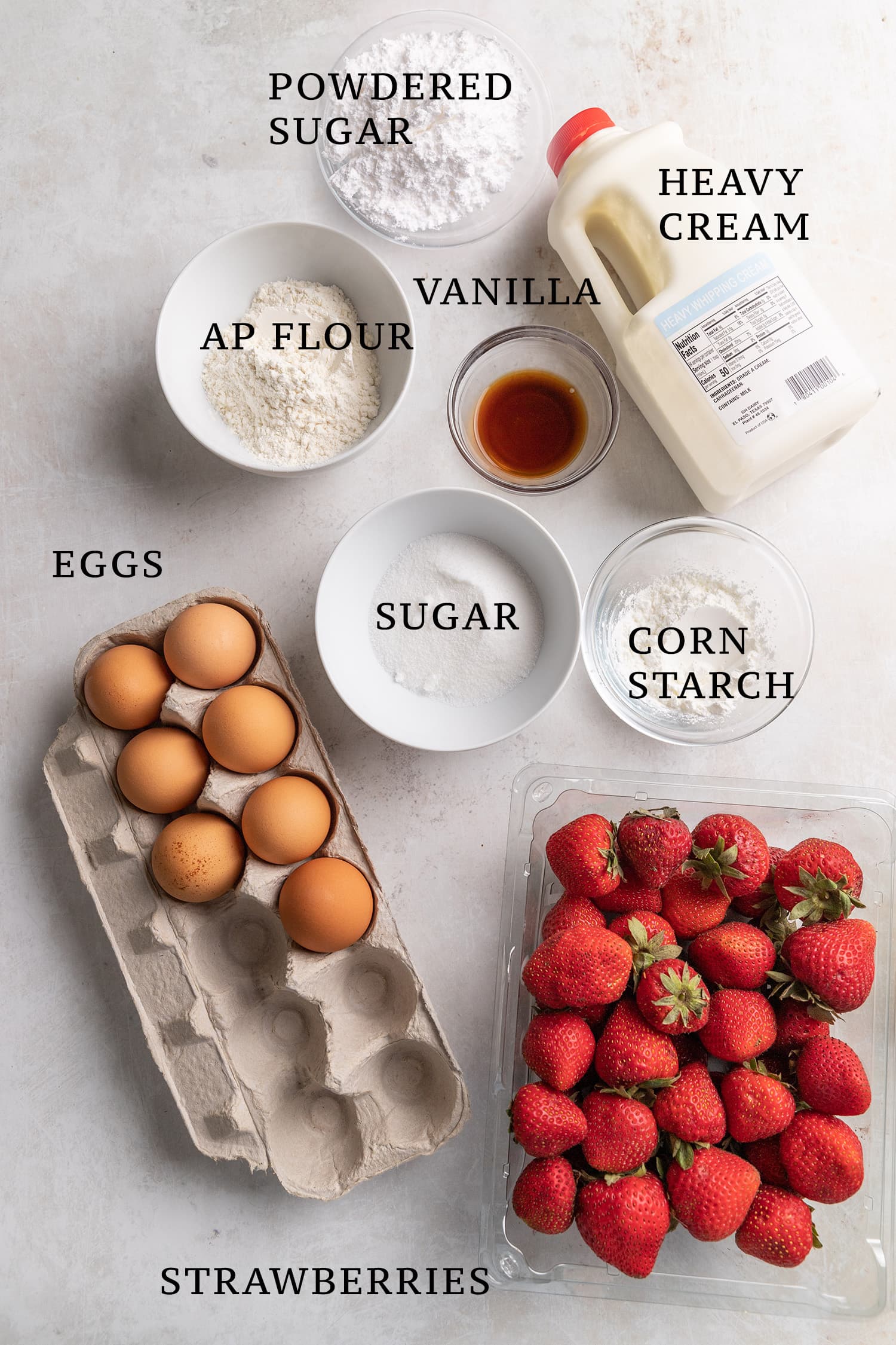 Ingredients needed for a Strawberry Shortcake Roll.
