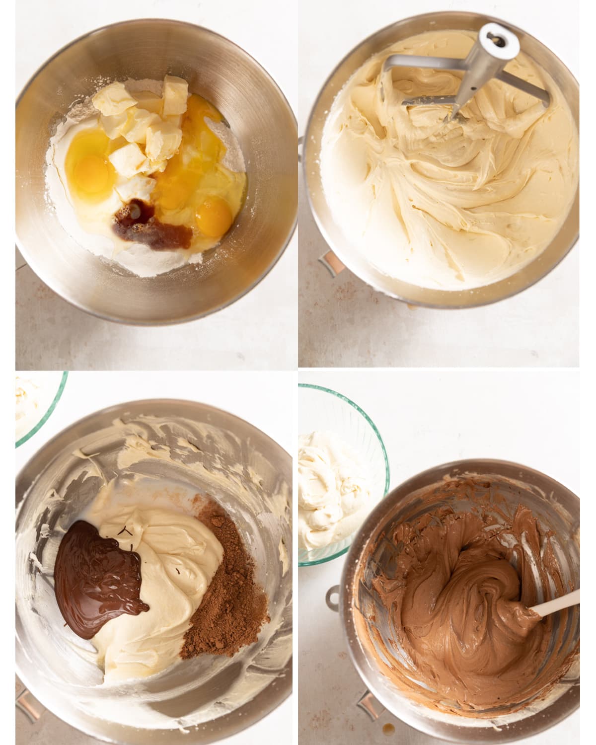 Process showing how to make both the vanilla and chocolate cake batters for a marble cake. 