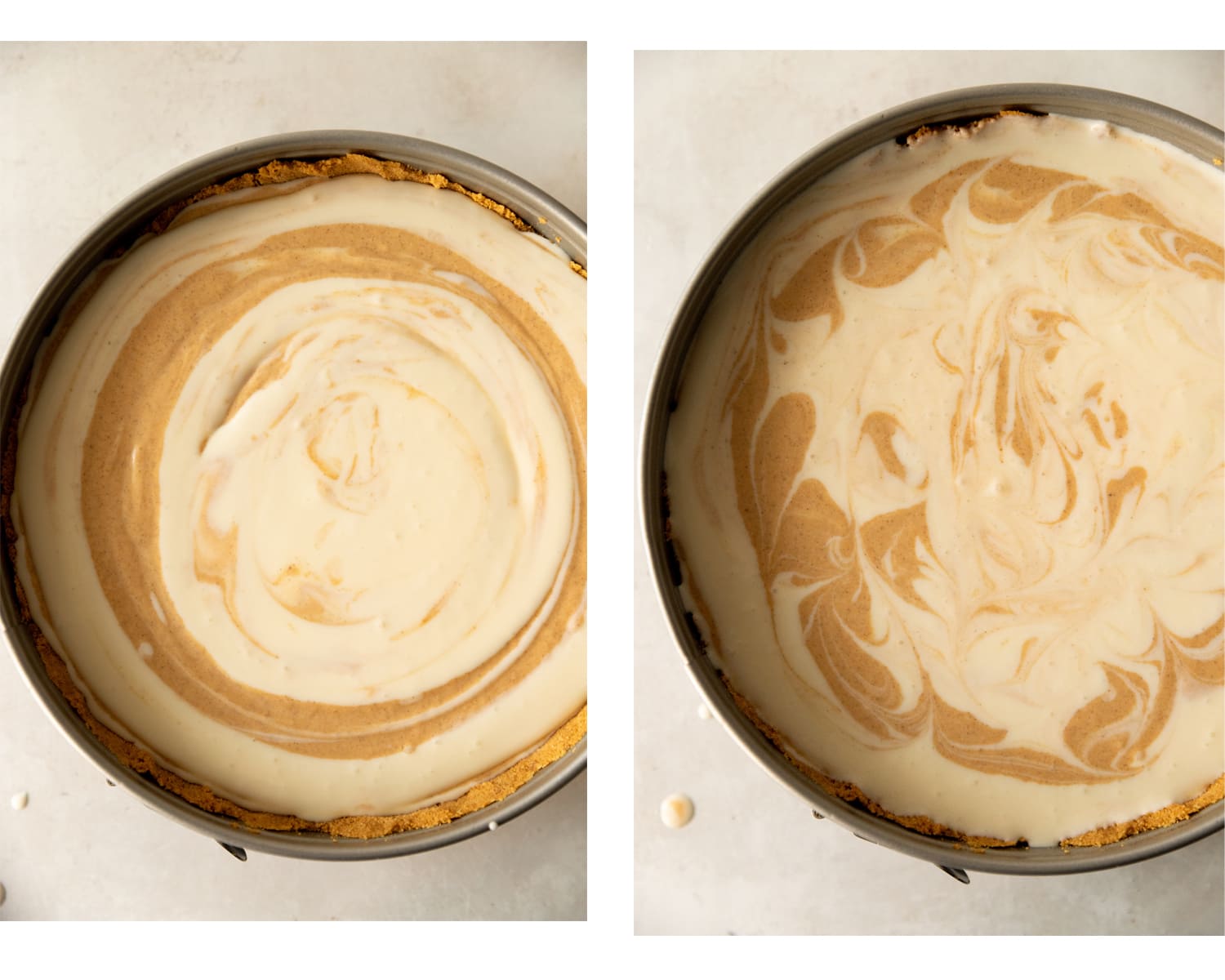 Process showing how to assemble and swirl the pumpkin swirled cheesecake. 
