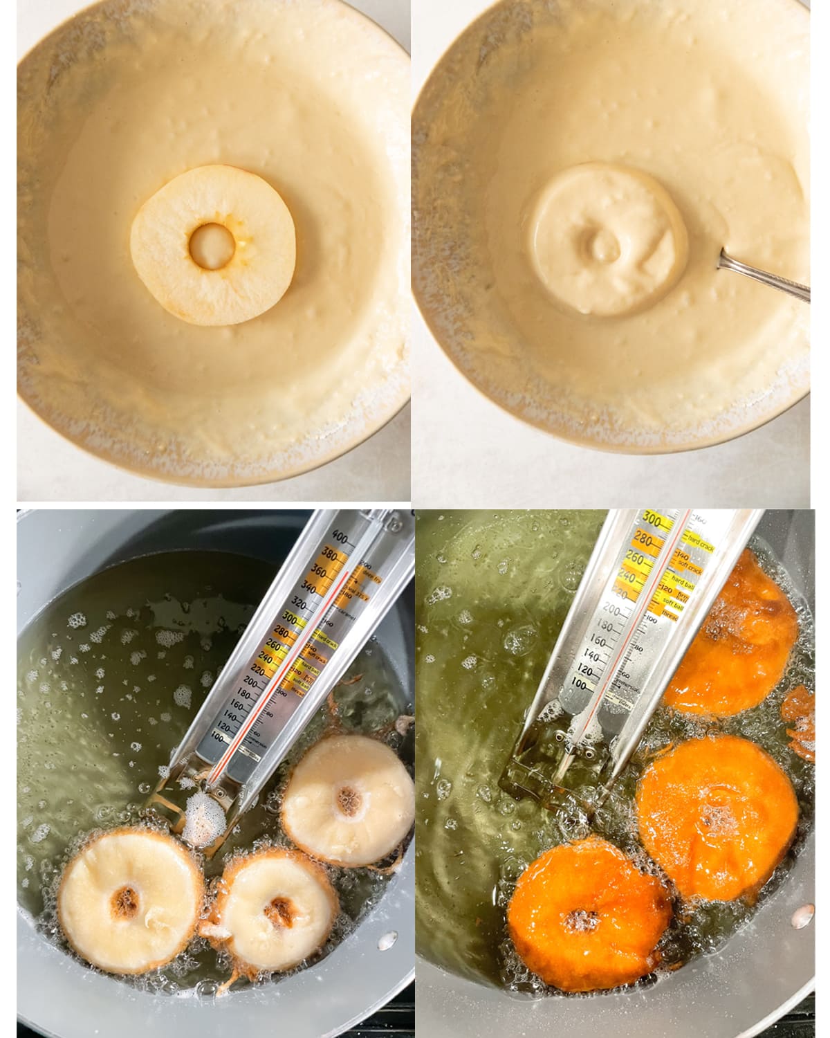 Process images showing how to batter and fry the apple rings. 