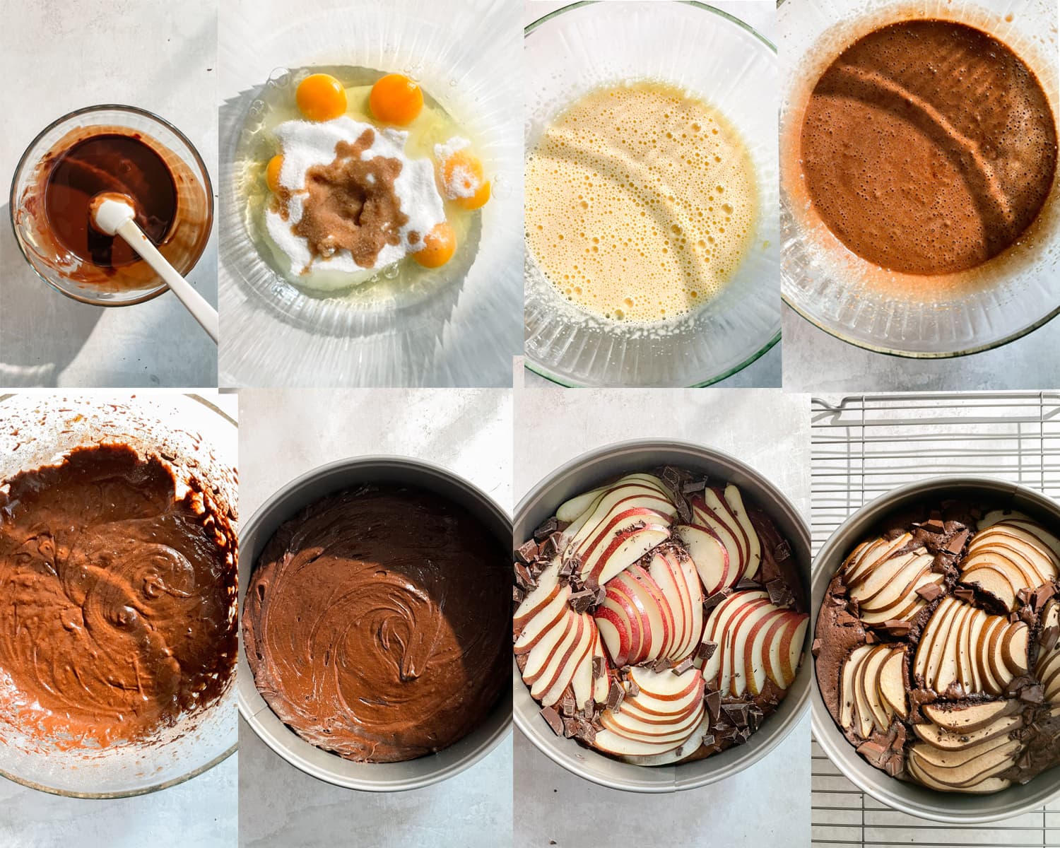 Process steps needed to make and assemble a chocolate pear cake. 