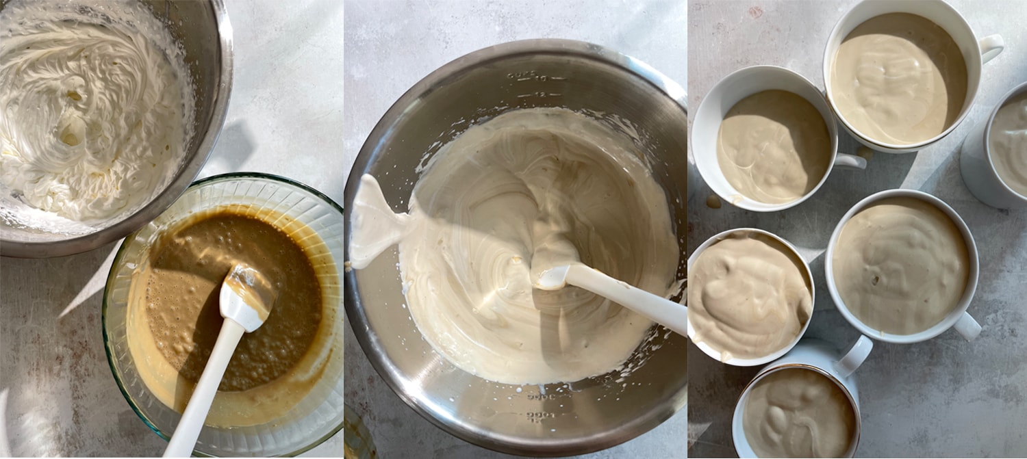 Process of adding whipped cream into espresso custard for Espresso Bavarian Cream. 