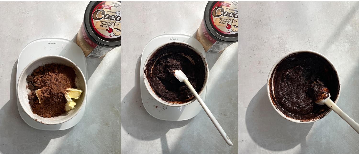 Process showing how to make the dark chocolate mixture for the snowflake filling. 