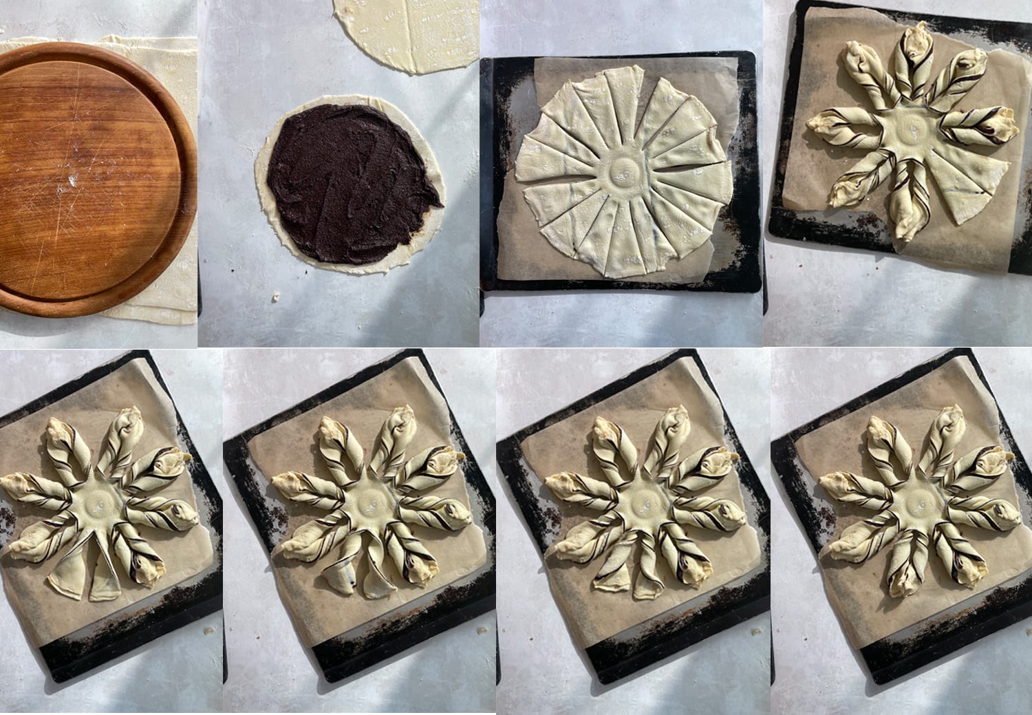 8 images showing how to assemble and shape the chocolate puff pastry snowflake. 