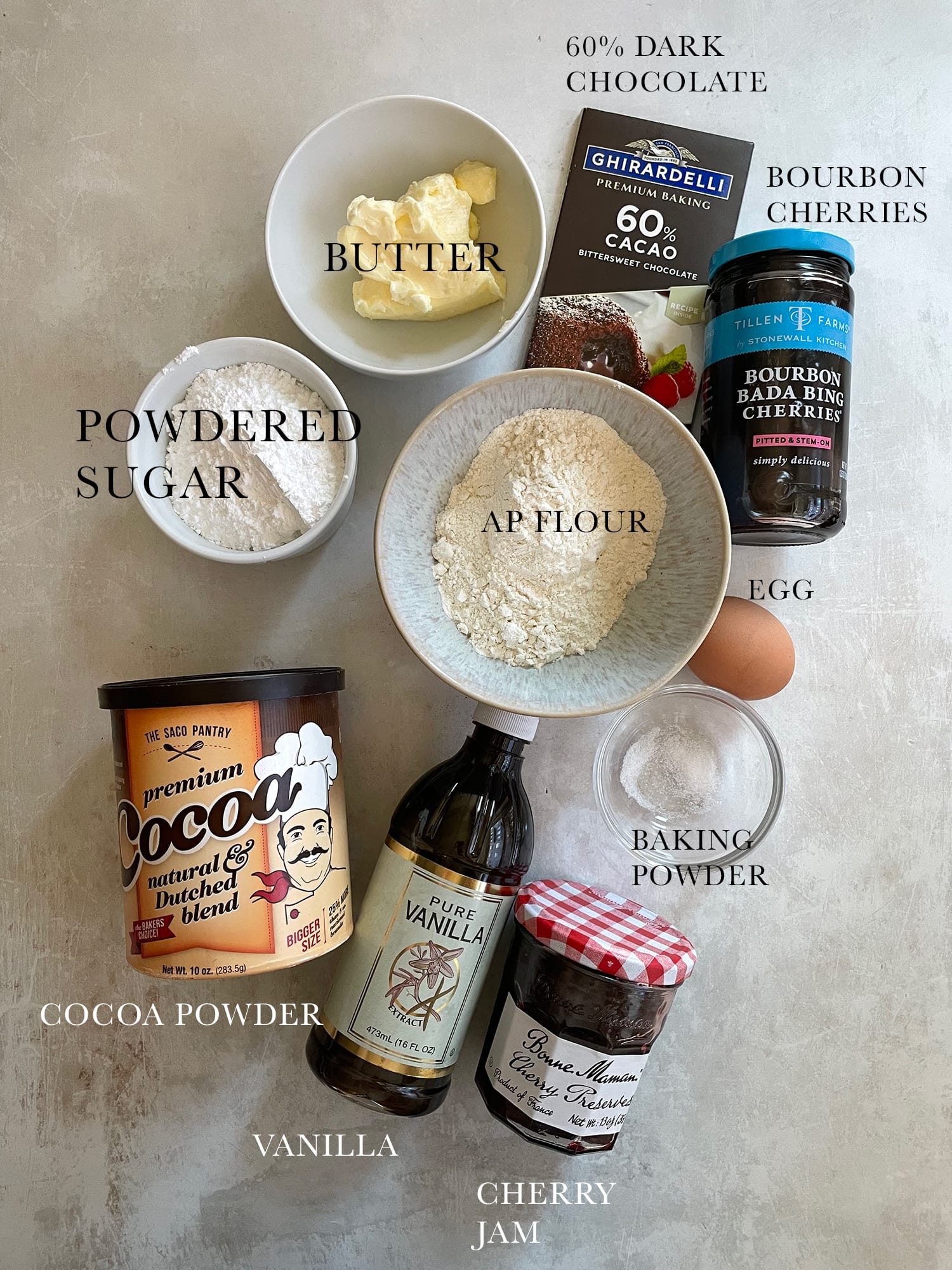 Ingredients needed for Chocolate Cherry Engelsaugen. 