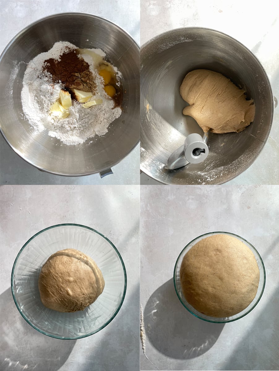 Process images showing how to make spiced doughnut dough. 