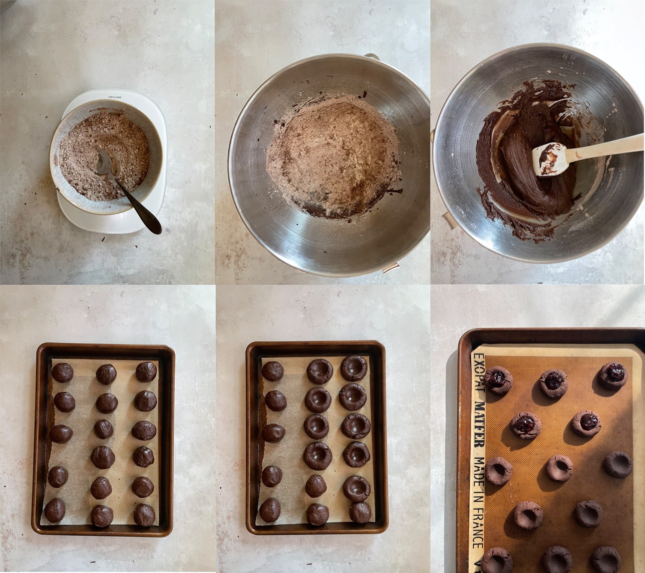 Process images for how to make the cookie dough and shape the chocolate cherry cookies.