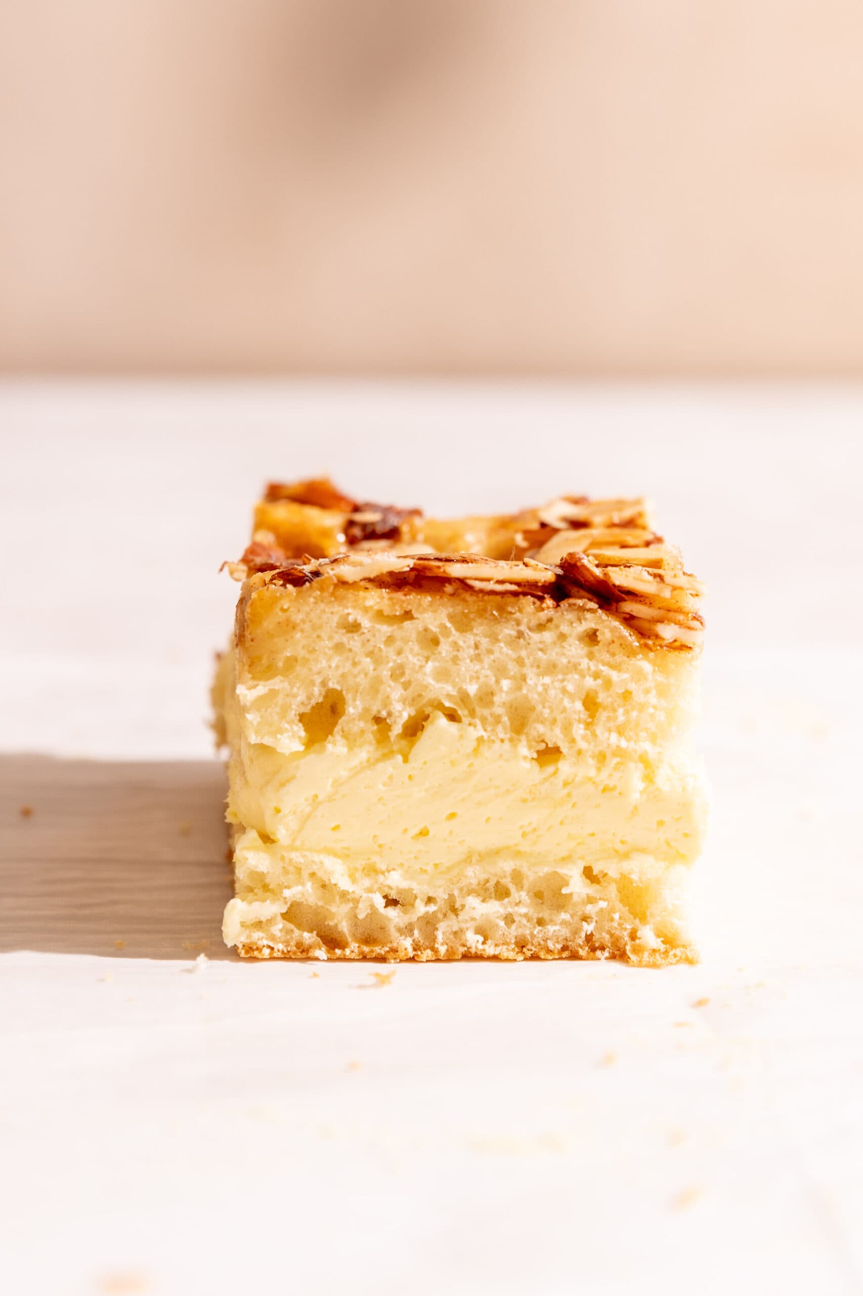 Side view of a slice of Classic German Bee Sting cake showing both the honey almond topping, the yeasted cake, and the creamy vanilla filling.
