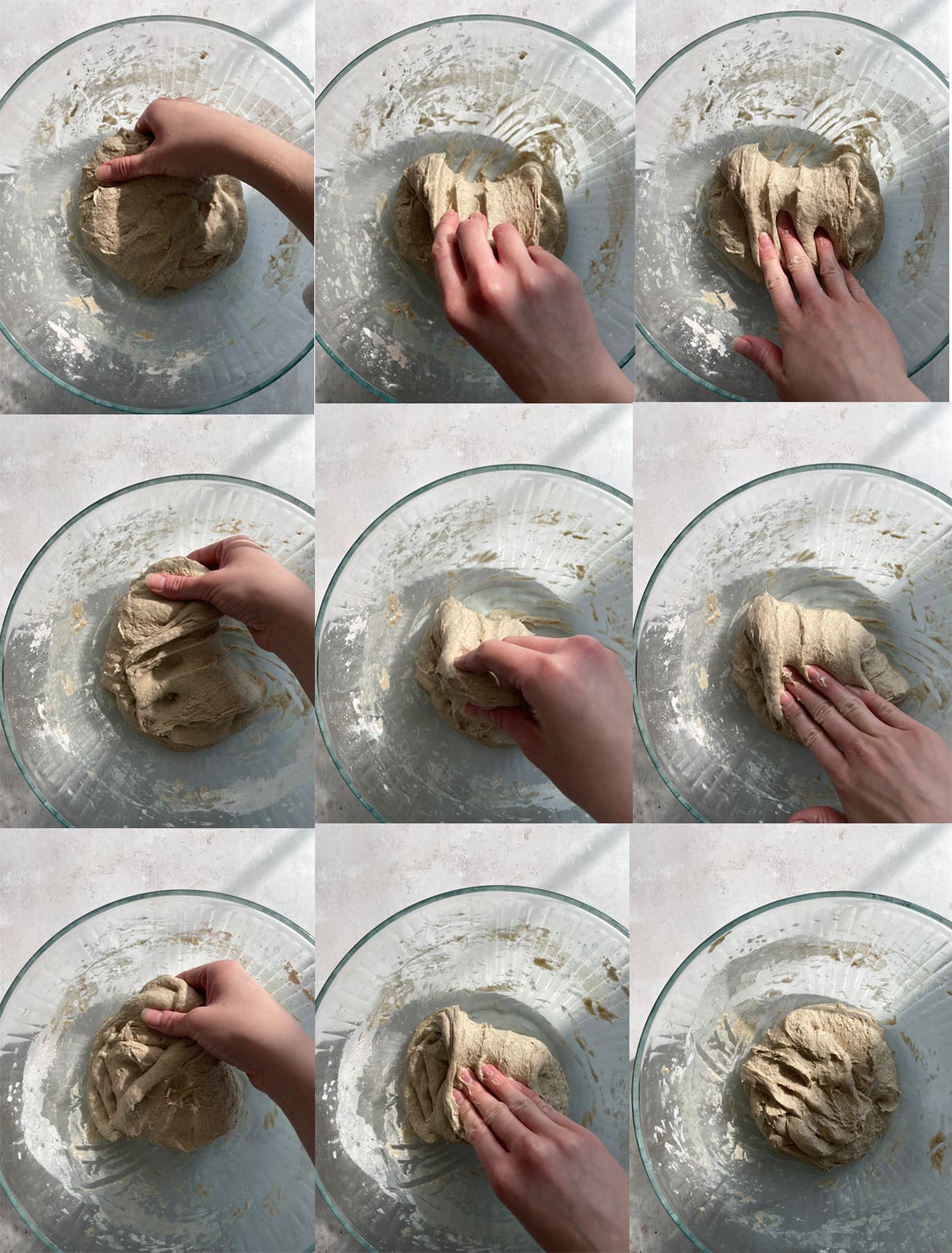 Process showing how to fold rye sourdough to create structure within the dough. 