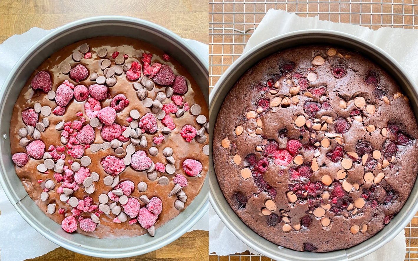 Process of adding raspberries and chocolate chips and baking the chocolate raspberry cake.