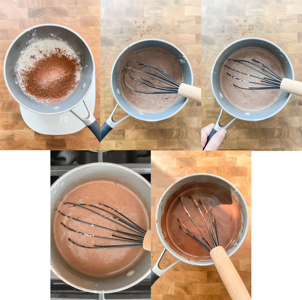 Chocolate pudding process images, from mixing to fully cooked. 