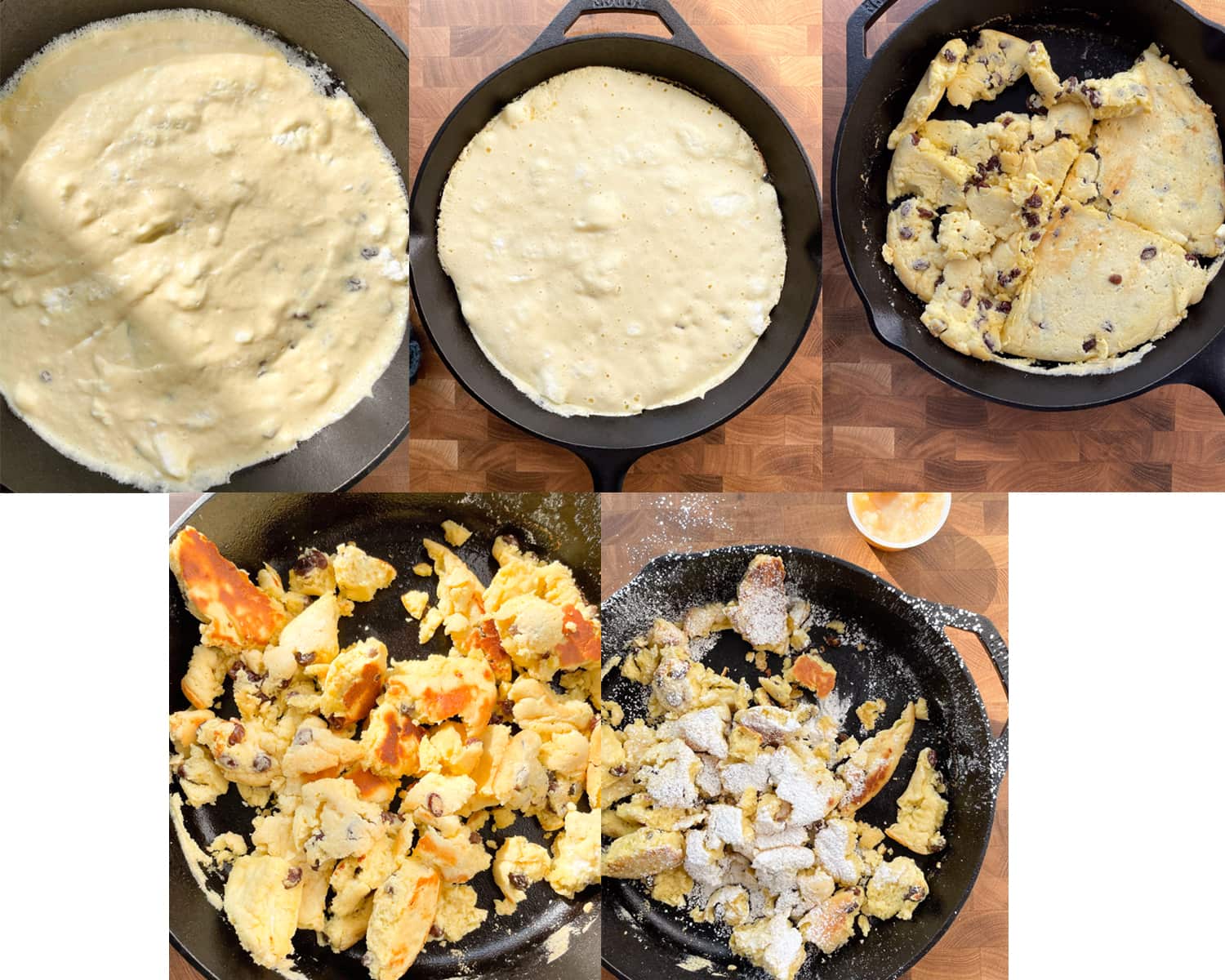 Process of cooking and tearing up kaiserschmarrn. 