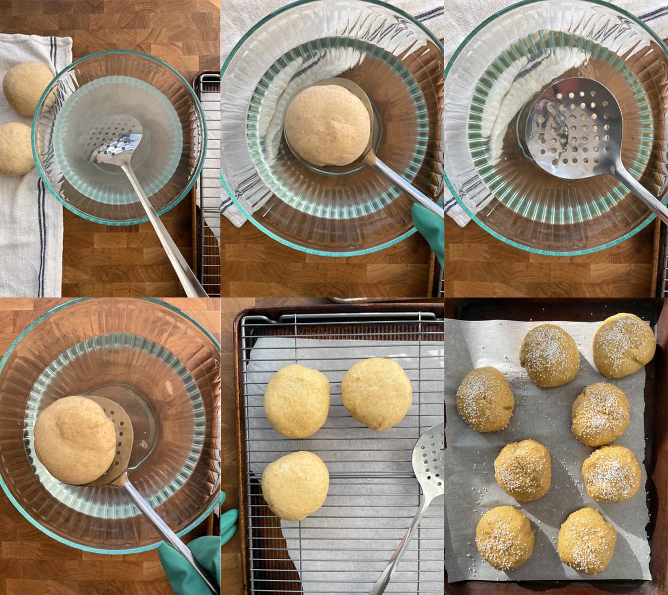 Process images for dipping the pretzel rolls in lye, scoring and salting them.