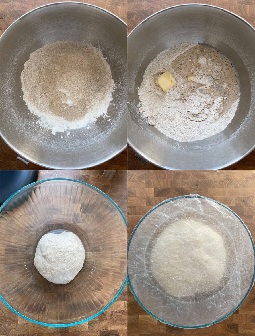 4 process images showing how to make the pretzel dough. 
