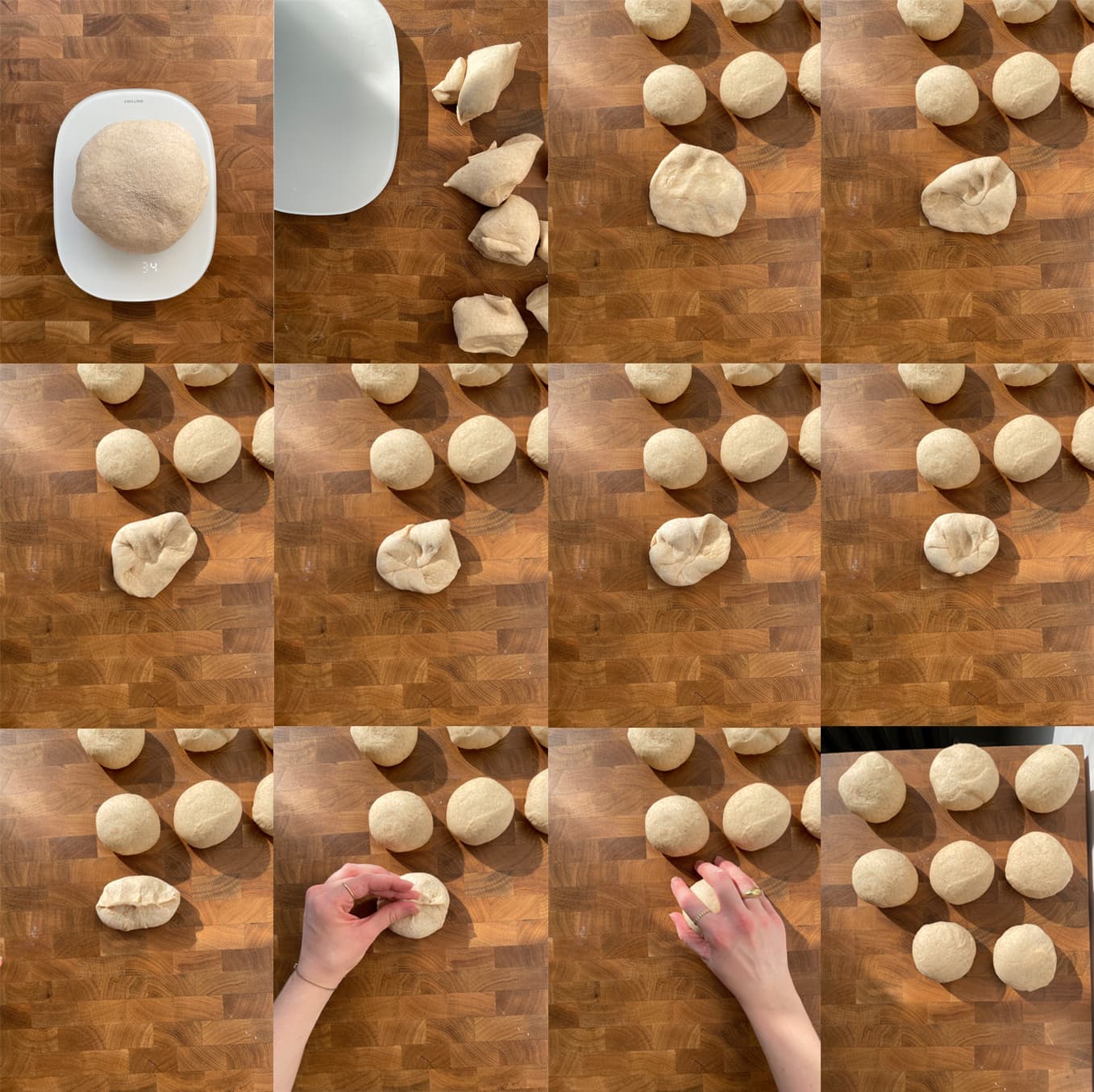Process images for dividing pretzel roll dough and shaping the rolls. 