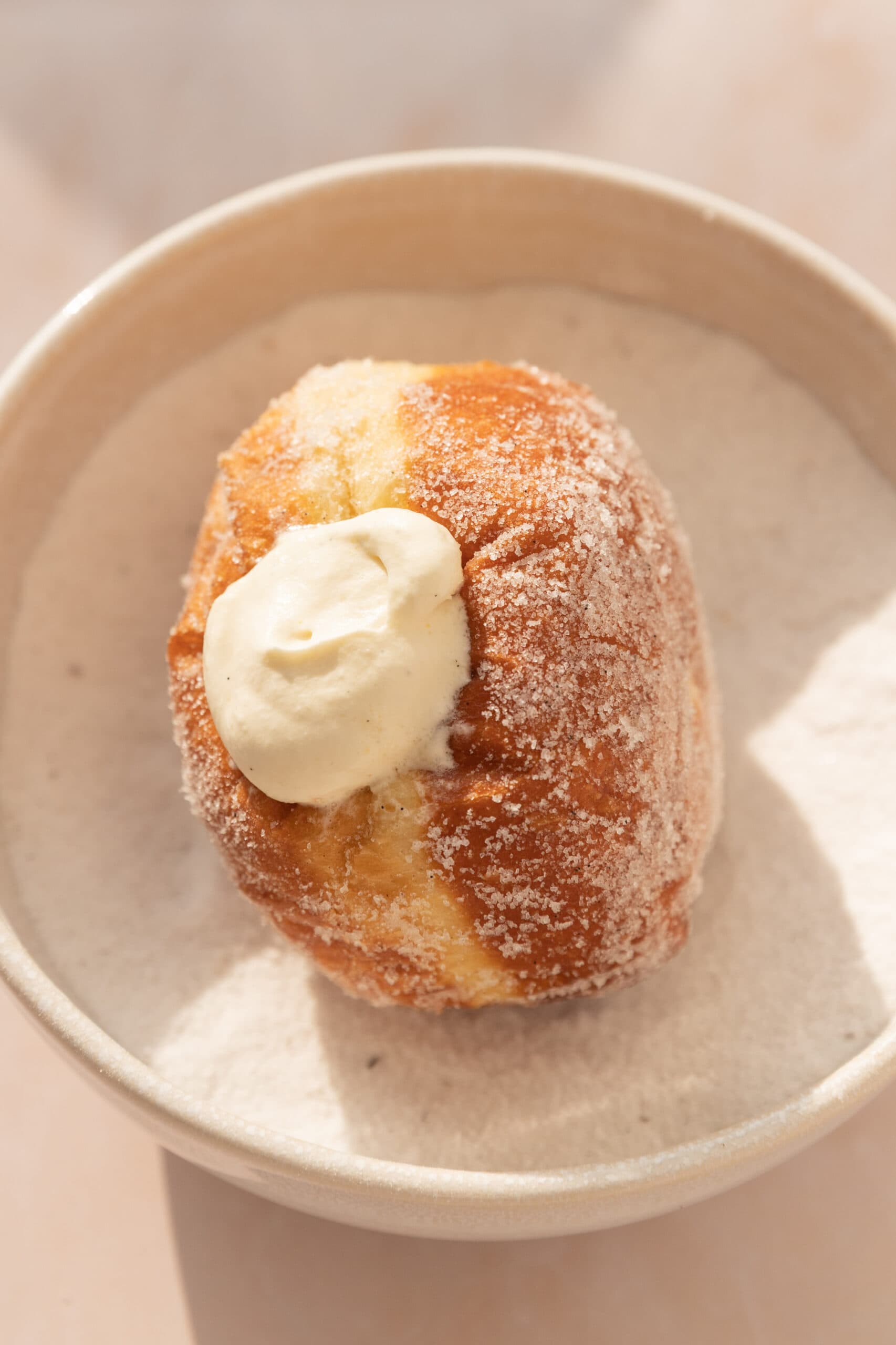 One Bavarian cream donut in a bowl of vanilla sugar. 